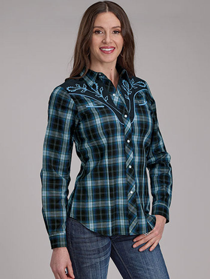 Roper Women's Western Plaid Shirt with Applique Design - Blue - Perfect for Cowgirl Style, Country Music Festivals & Western-Themed Events