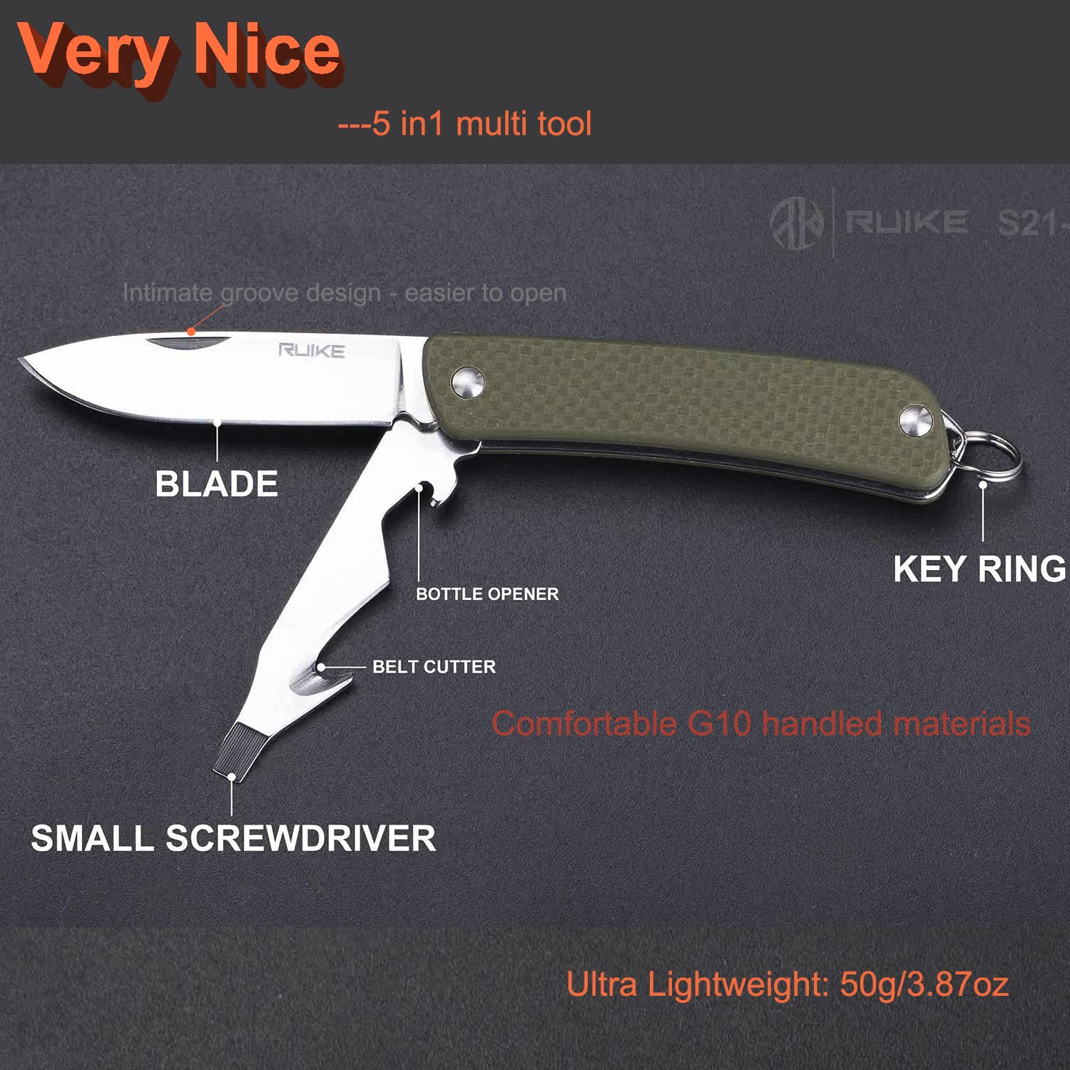 Ruike 5-in-1 Multitool Keychain Knife - 12C27 Steel Mini EDC Tactical Folding Pocket Knife with Scissors, Screwdriver & Bottle Opener - Perfect for Camping, Hiking & Outdoor Adventures