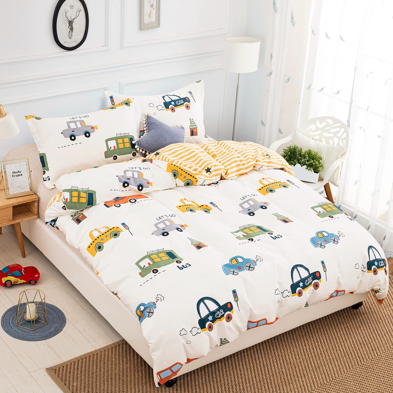 Cartoon Cars Duvet Cover Set Twin Size - 100% Cotton Breathable Bedding (1 Duvet Cover + 1 Pillowcase) | Reversible Stripes Printed Comforter Cover for Kids, Teens, Boys & Girls | Perfect for Bedroom Decor, Sleepovers & Gift Giving