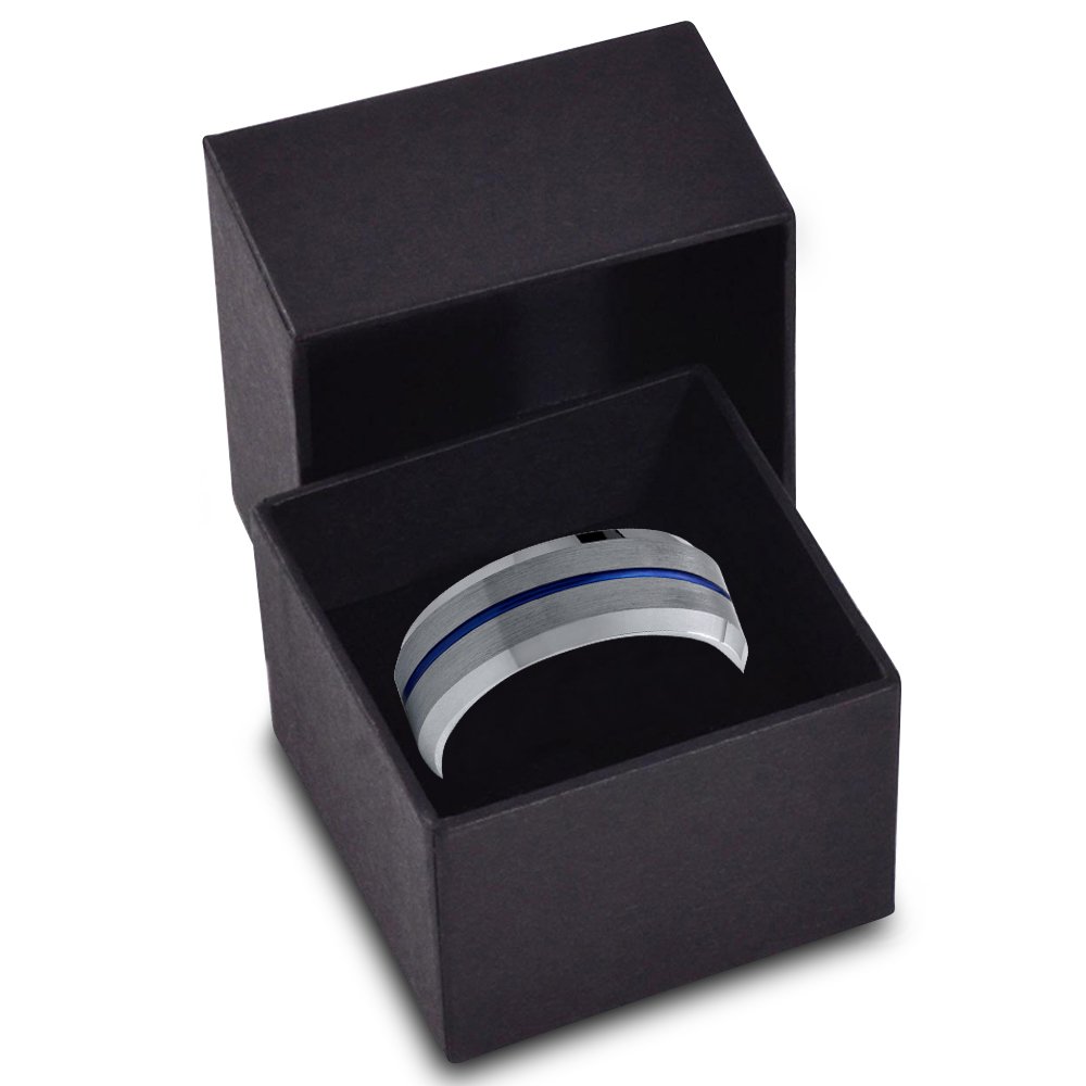 Tungsten Carbide Wedding Band Ring 8mm - Blue Black Center Line with Beveled Edge for Men & Women | Brushed & Polished Finish | Custom Engraving for Anniversary & Engagement | Perfect for Everyday Wear & Special Occasions