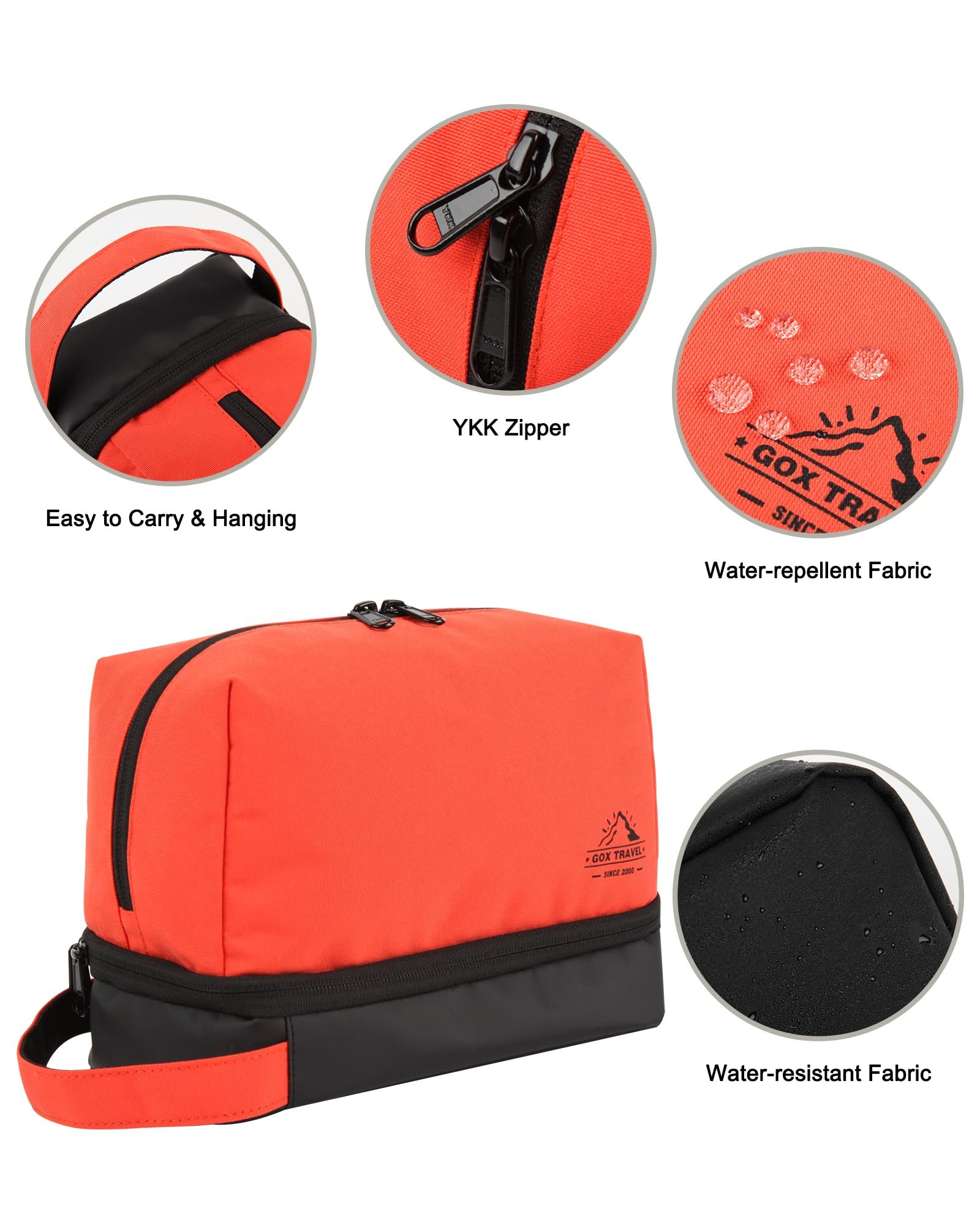 **GOX Men's Water-Resistant Travel Toiletry Bag - Portable Dopp Kit for Shaving, Brushes & Toiletries Accessories - Ideal for Gym, Camping & Business Trips (Orange)**