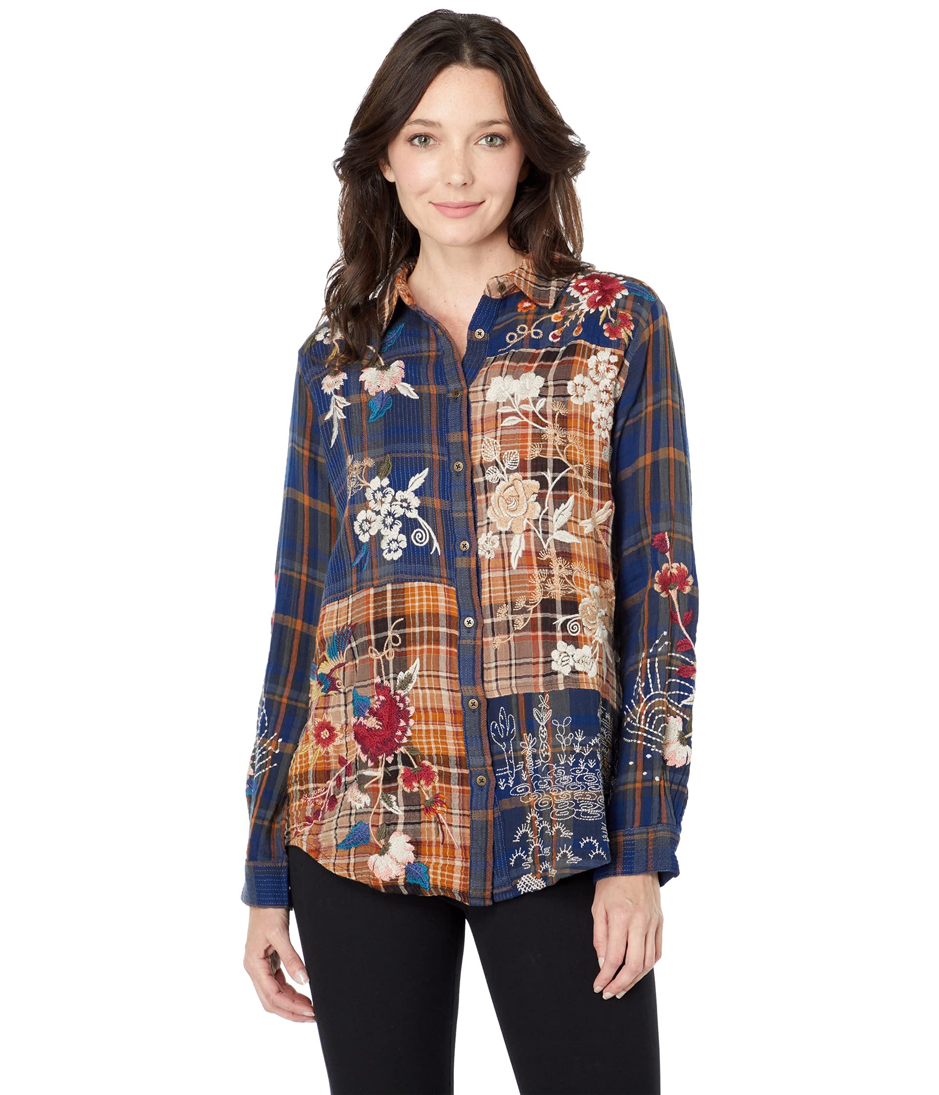 Johnny Was Freja Plaid Mix Oversized Shirt for Women - Stylish Bohemian Flannel Button Down Top for Casual Wear & Layering