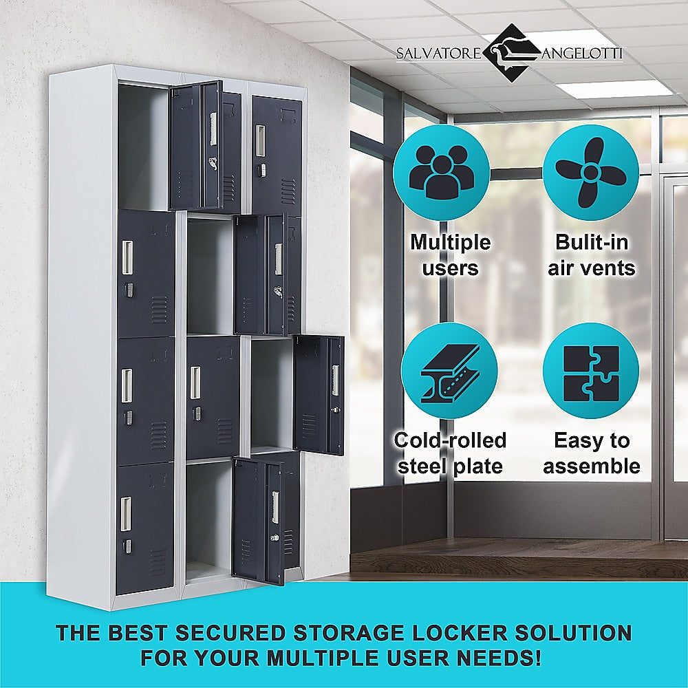 12-Door Locker with Padlock - Heavy Duty Steel Storage Cabinet for Office, Gym, School, Home & Shed - Secure Equipment & Personal Belongings Storage Solution