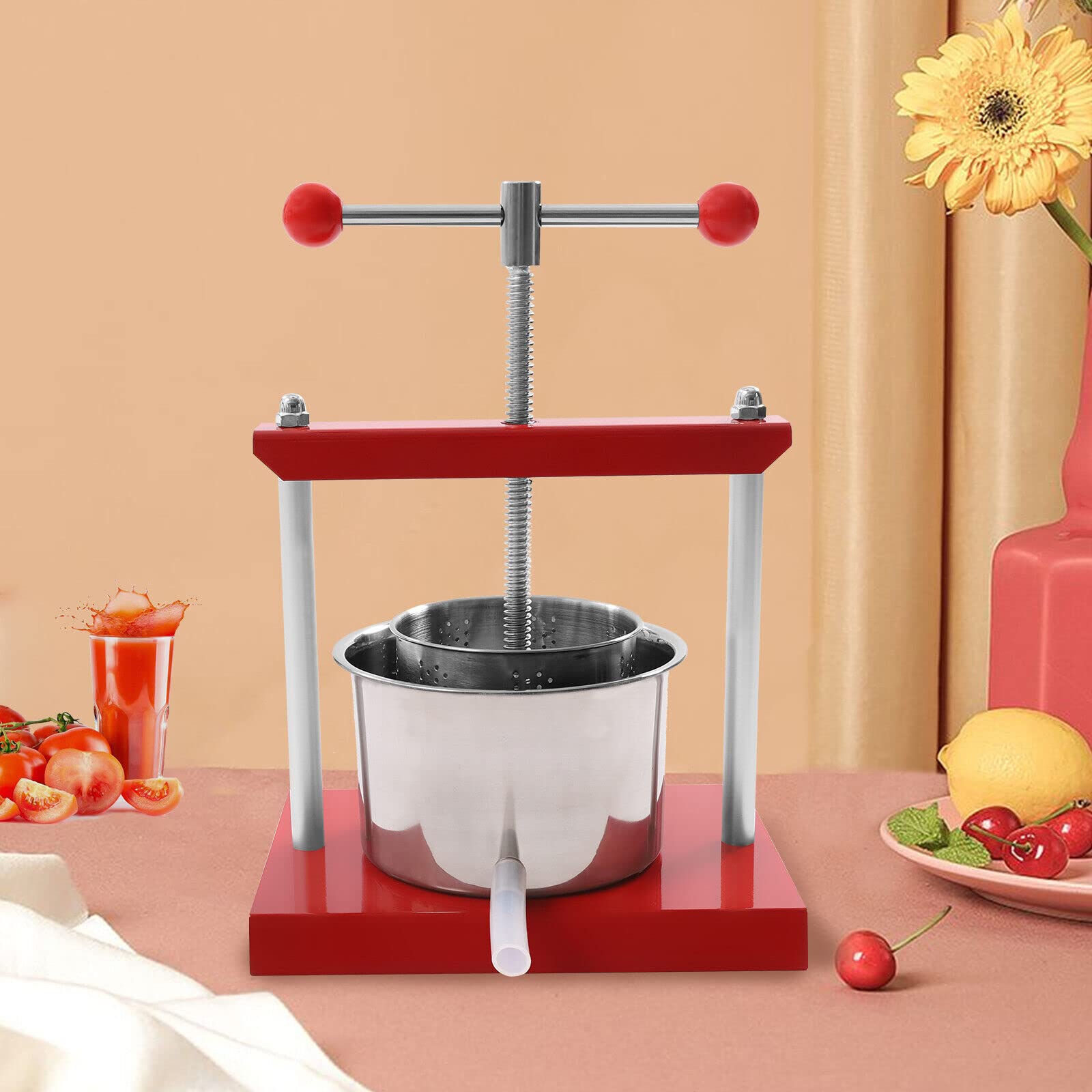 Stainless Steel 6L Manual Fruit Wine Press - Cheese Tincture Herb & Grape Crusher Juice Maker for Cider Making | Easy to Clean with Ball Handle | Perfect for Home Brewing, Winemaking & Juice Extraction