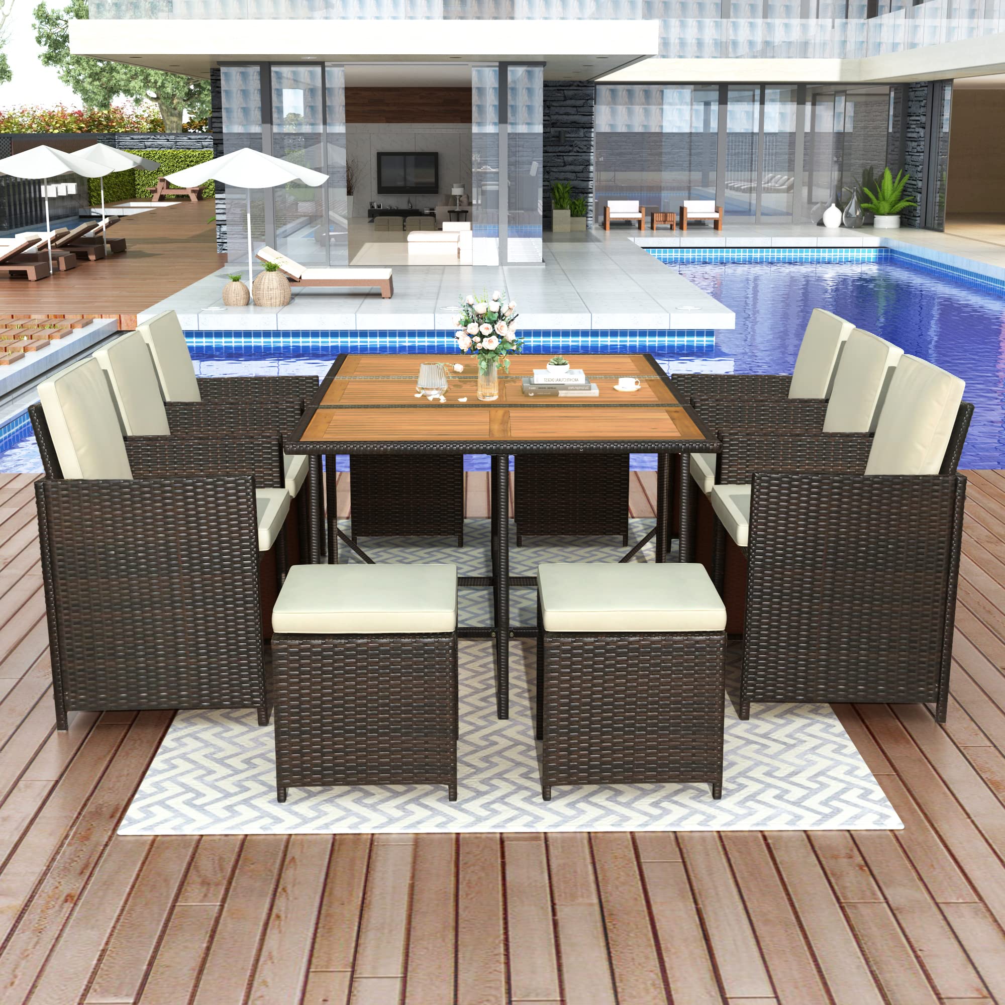 Premium 11-Piece Patio Dining Table Set - Outdoor Wicker Rattan Furniture with Cushions (Brown & Beige) - Perfect for Backyard BBQs, Poolside Gatherings & Garden Entertaining