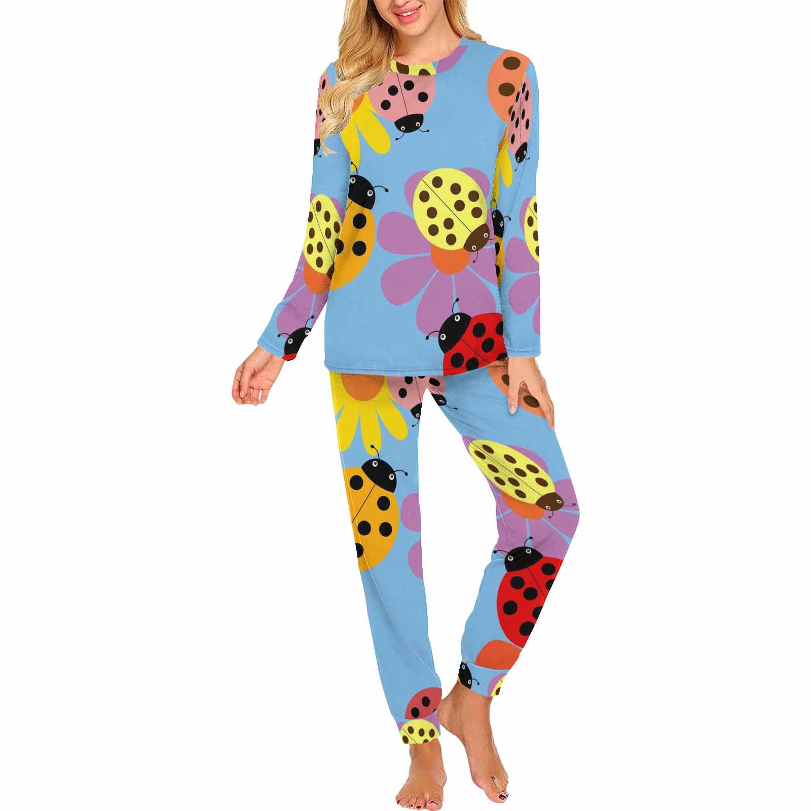 Ladybugs & Flowers Women's 2-Piece Pajama Set - Soft Sleepwear & Lounge Pants for Comfortable Nights - Perfect for Relaxing at Home or Gift Giving