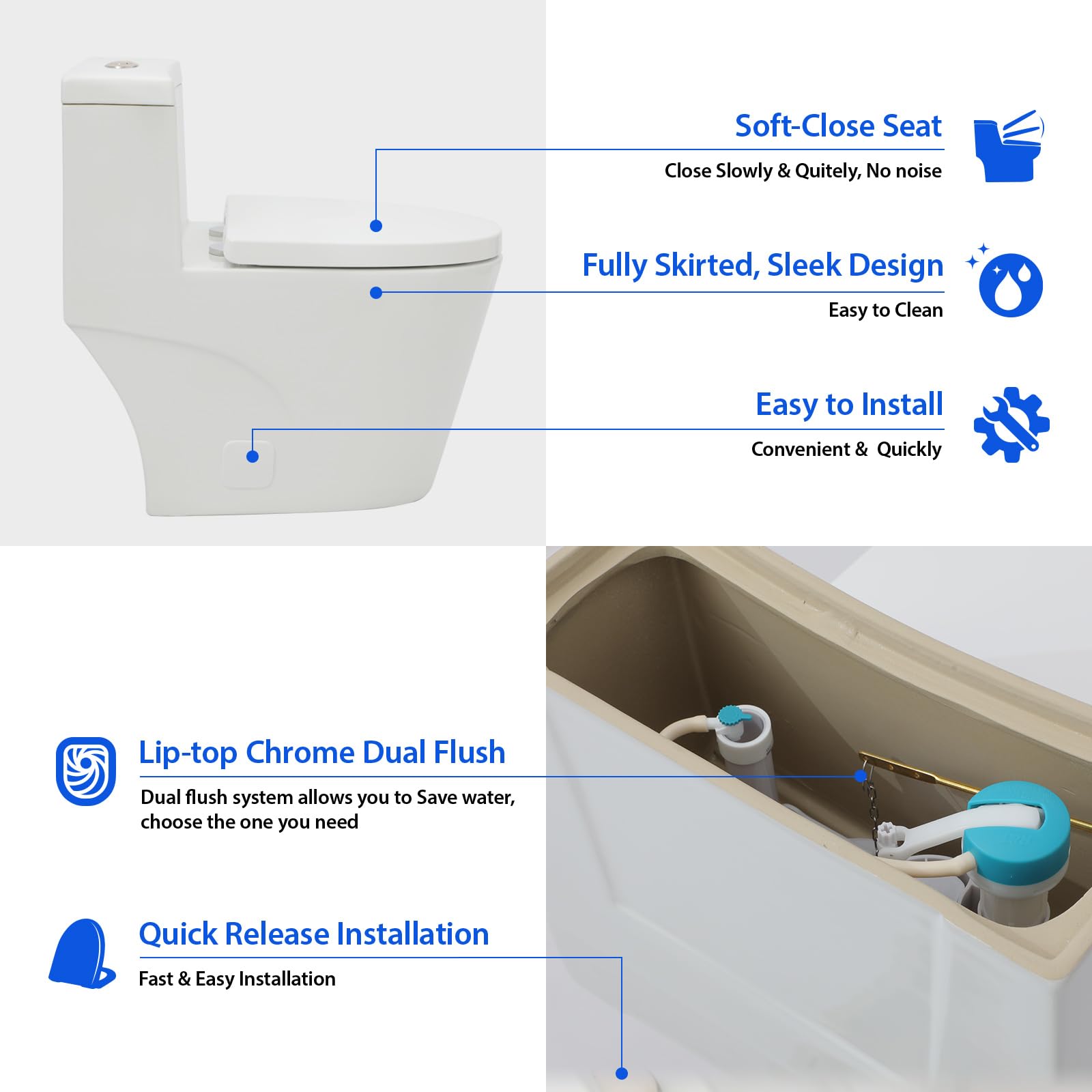 Modern One-Piece White Ceramic Toilet - Comfort Height, Dual Flush (0.93/1.28 GPF), Elongated Round Bowl with Soft Close Seat, 12
