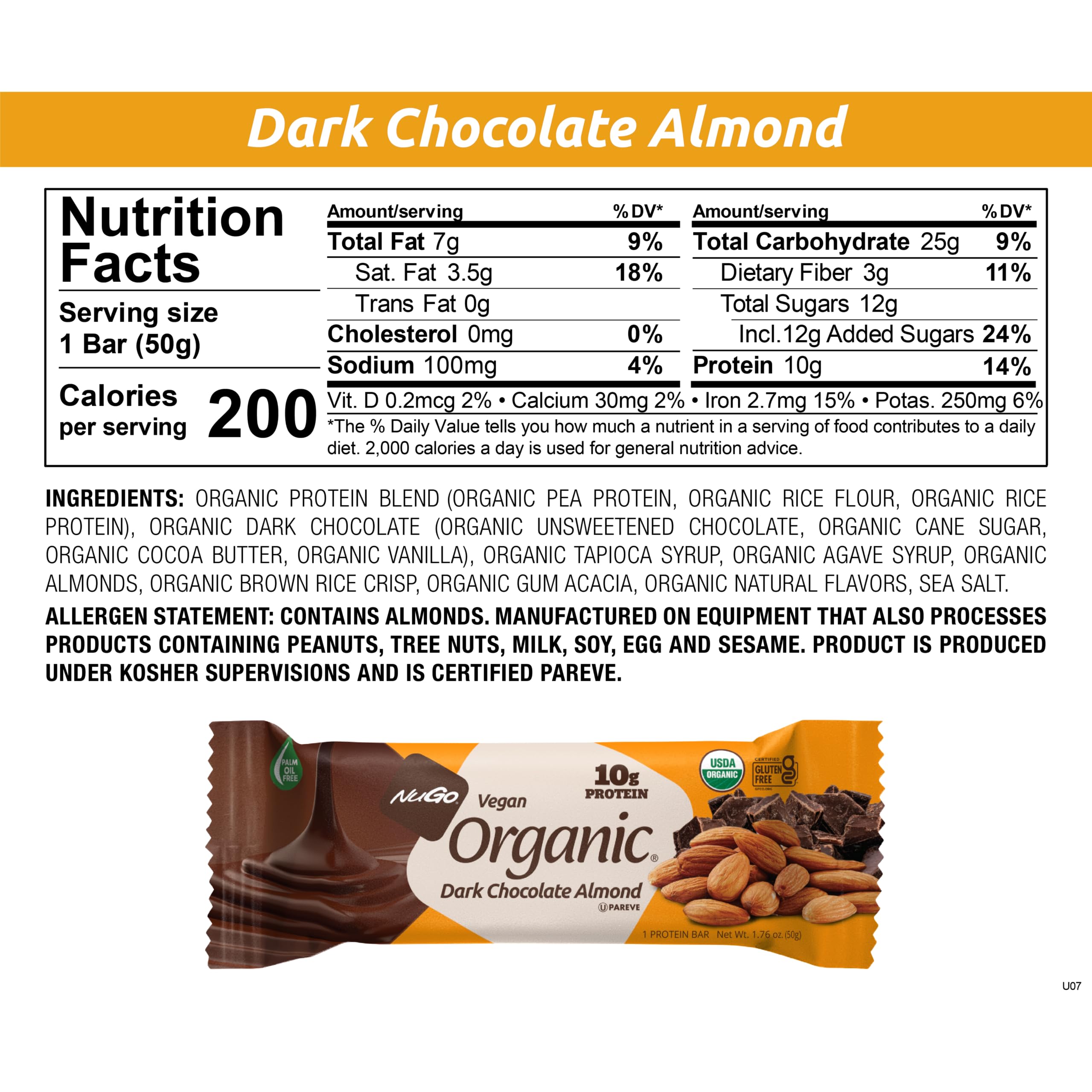 NuGo Organic Dark Chocolate Almond Protein Bars - 10g Vegan Protein, Gluten Free, Non-GMO, 12 Count - Perfect for Post-Workout Recovery & Healthy Snacking
