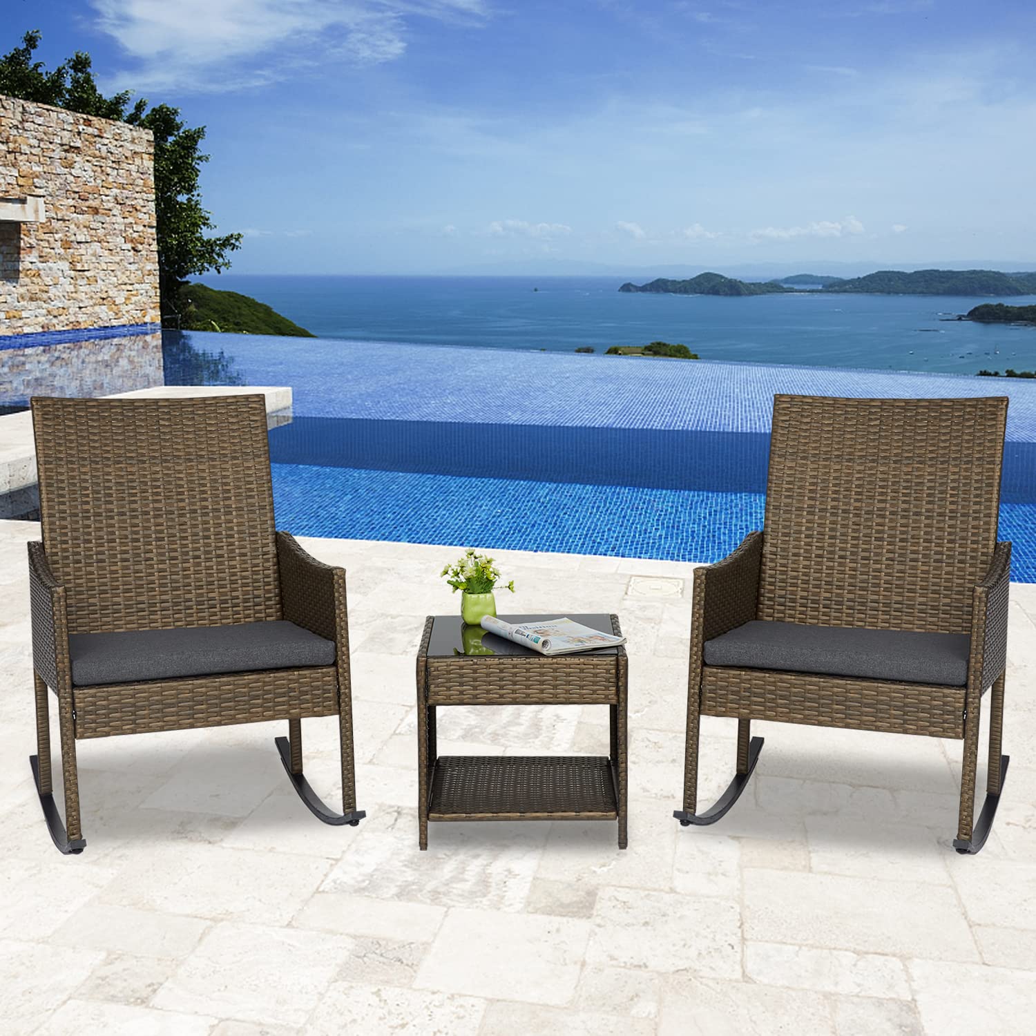 Kinbor 3-Piece Patio Rocking Chair Set - Outdoor Bistro Furniture for Porch, Balcony, Deck, Lawn & Pool - Perfect for Relaxing, Entertaining & Enjoying Summer Evenings