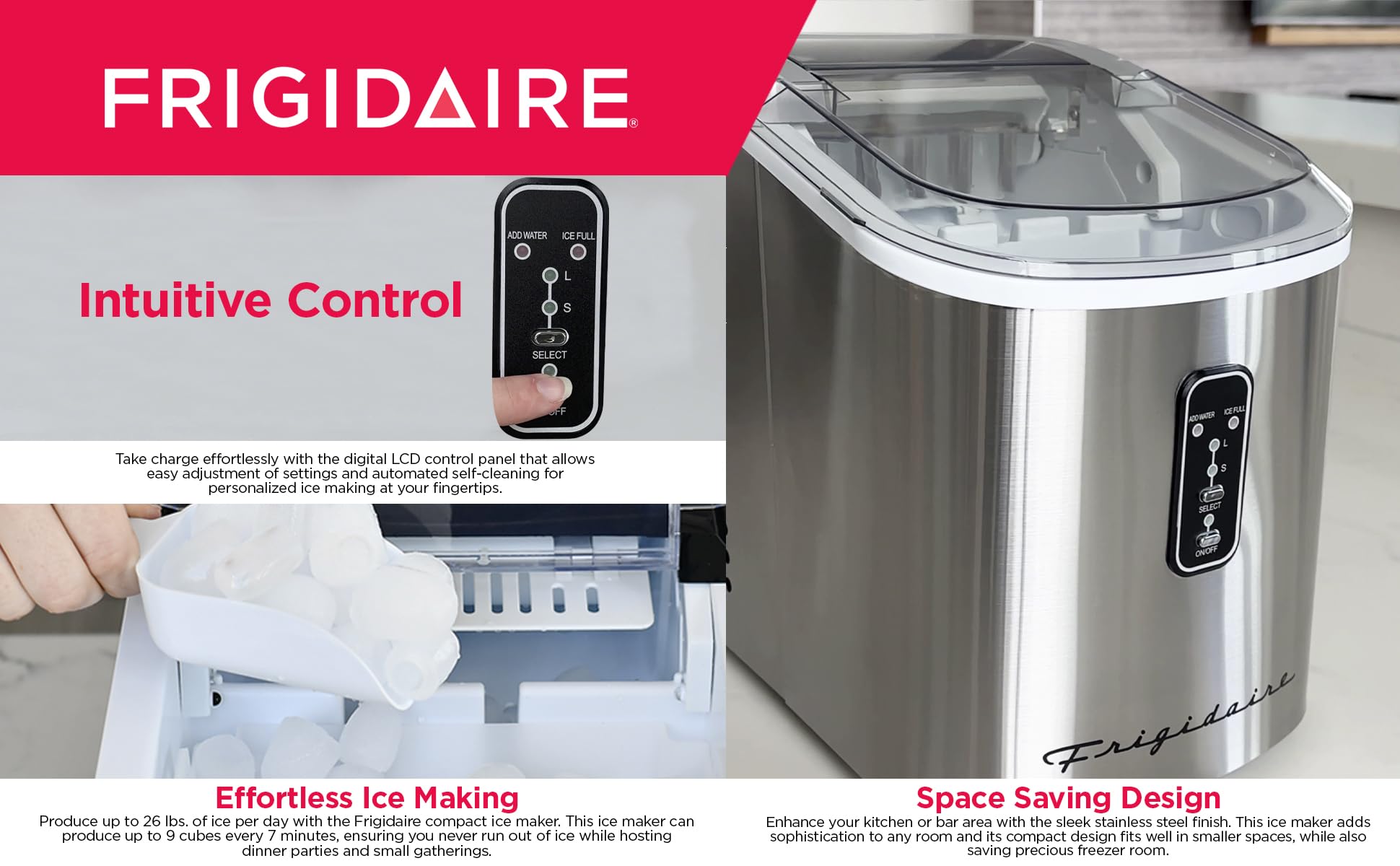 Frigidaire EFIC103 Heavy Duty Countertop Ice Maker Machine - 26 lbs Daily Output, Black Stainless Steel - Perfect for Home, Office, Parties & Outdoor Events