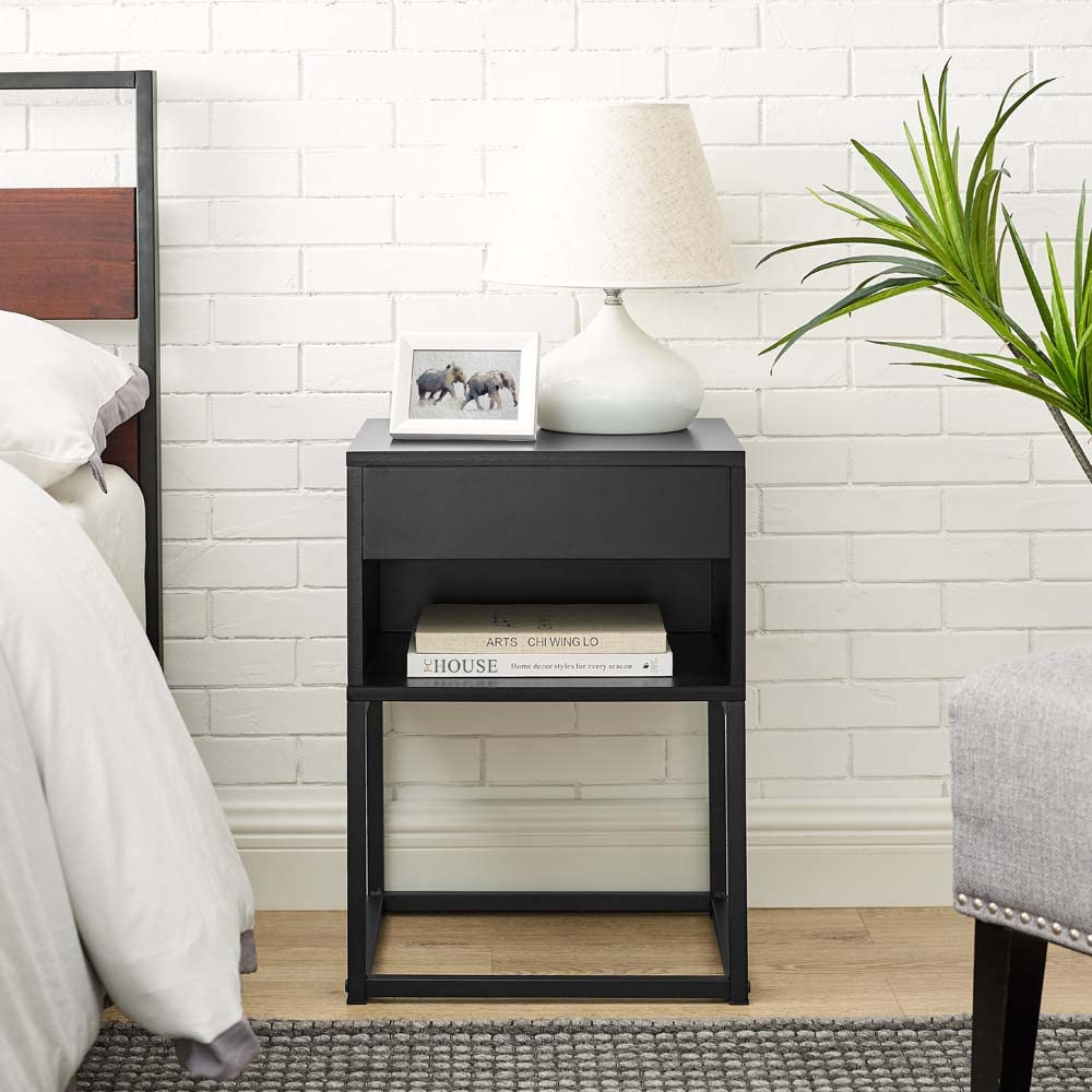 MUSEHOMEINC Modern Set of 2 End Tables with Drawer and Shelf - Nightstand with Metal Legs for Living Room, Bedroom, Office - Black (Space-Saving Storage Solution)