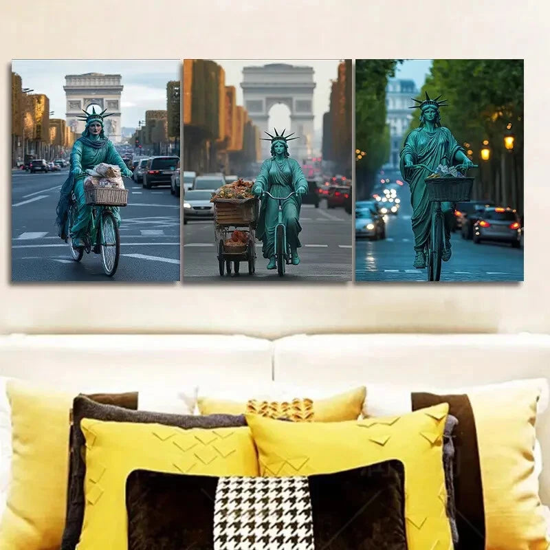 3-Piece Goddess Cycling in the Streets Wall Art Set - Framed Canvas 40x60cm (16x24in) - High Quality Australian-Made Print - Ready to Hang - Perfect for Living Room, Bedroom & Office Decor