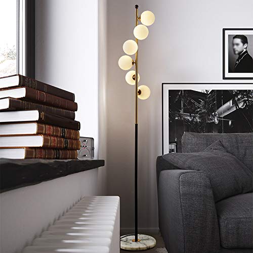 LITFAD Spiral Ball Floor Lamp - Postmodern Ivory Glass Shade with 6 LED Bulbs, Gold & Black Stand - Modern LED Floor Light for Living Room, Bedroom, Hotel Lobby - Perfect for Ambient Lighting in Home Decor and Commercial Spaces