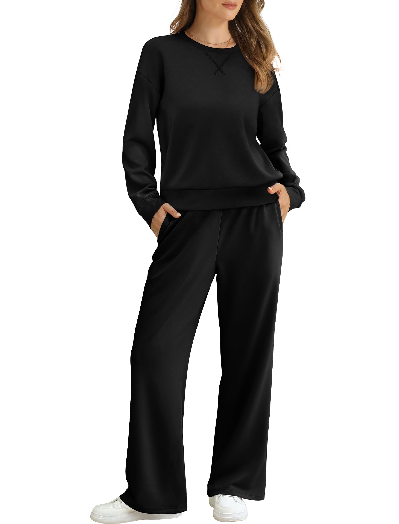 Women's 2-Piece Lounge Set - Soft Crewneck Sweatshirt & Wide Leg Sweatpants | Cozy Matching Outfits for Travel, Fall & Home Relaxation