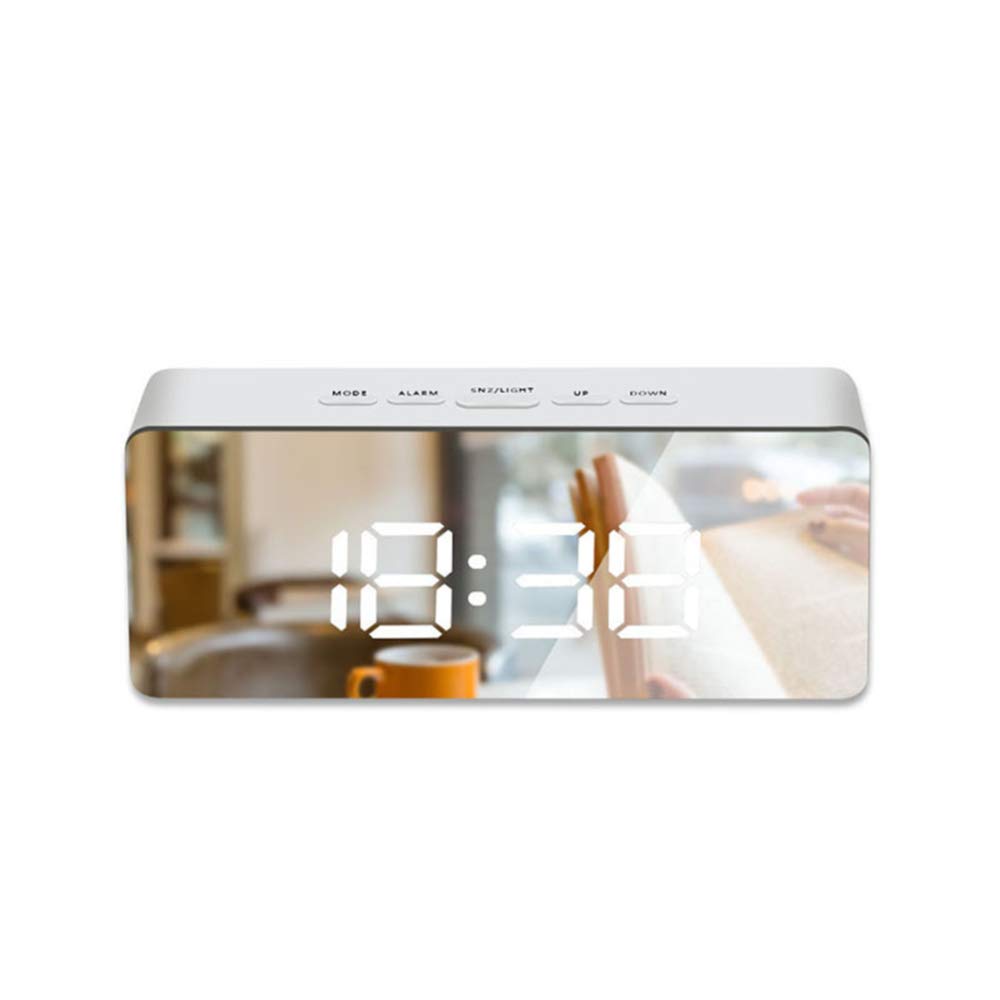 ShiningLove LED Digital Alarm Clock with Mirror, Night Light & Thermometer - White Rectangular (Ts-s69-w) for Bedroom, Office & Makeup Station | Perfect for Nightstands, Vanity Tables & Home Decor