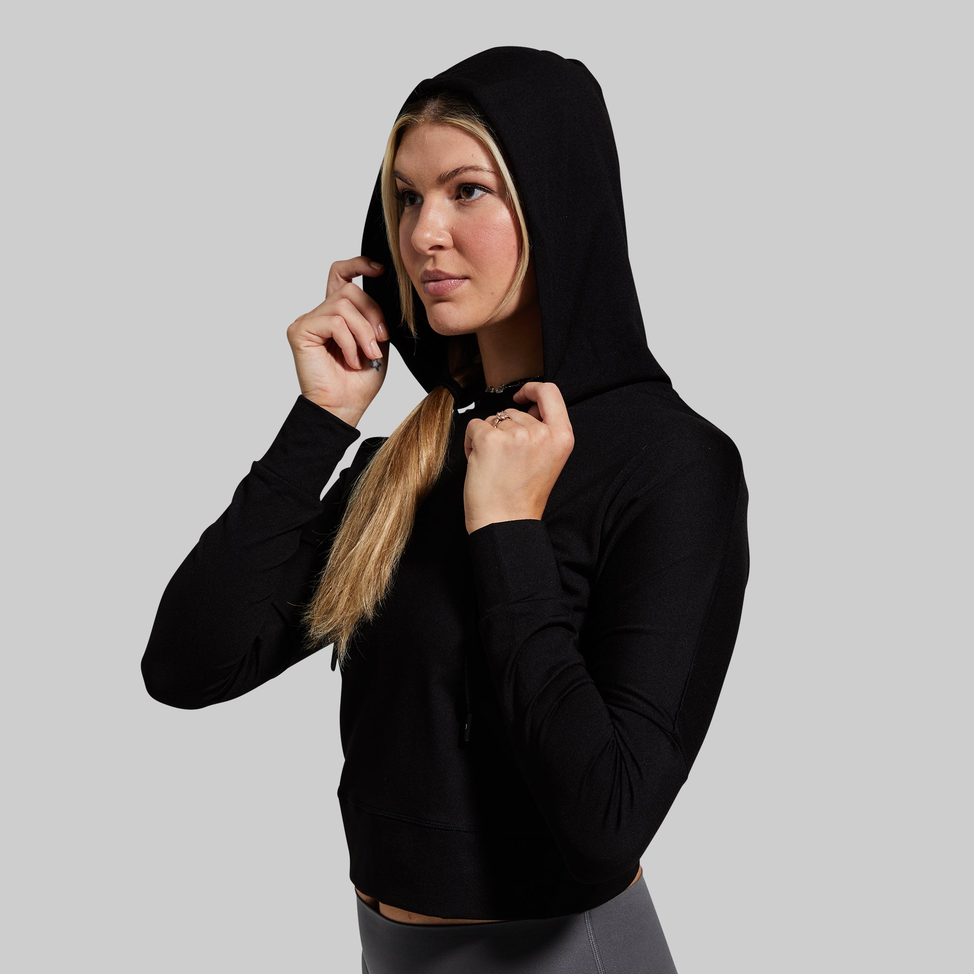 Criss Cross Crop Hoodie for Women - Black Oversized Pullover Sweatshirt | Trendy Streetwear for Casual Outfits, Gym, and Lounge Wear