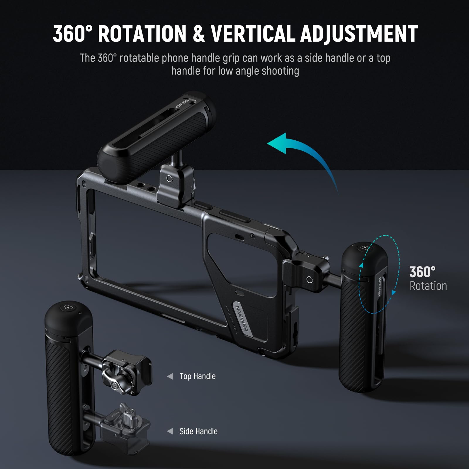 NEEWER PA045E Side Handle with Bluetooth Remote Shutter - Quick Release Clamp & Anti-Slip Cold Shoe Mount for iPhone 15 Pro/15 Pro Max & Galaxy S24 Ultra - Perfect for Vlogging, Live Streaming & Mobile Photography (Silver Lock)