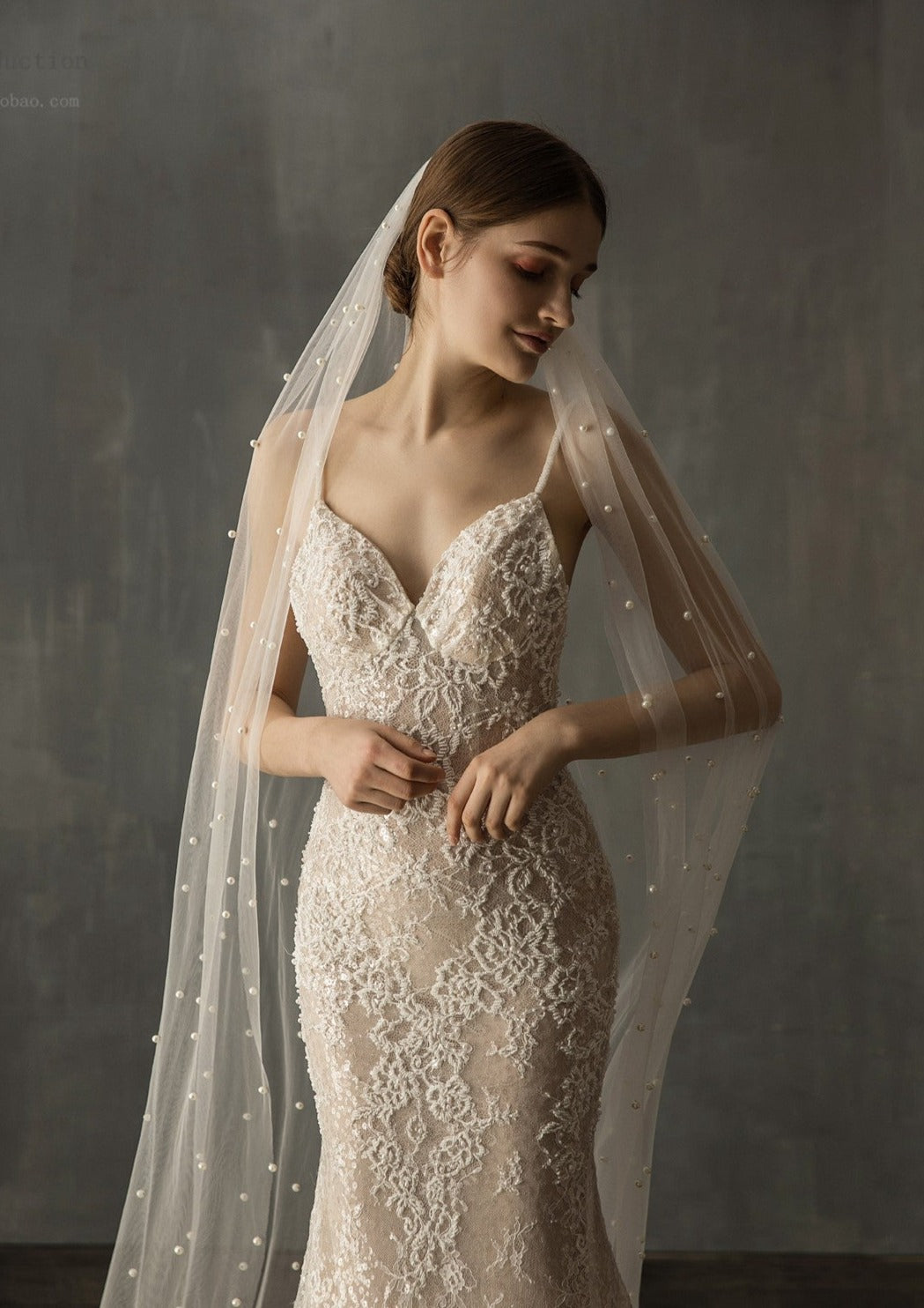 Elegant Diana Cathedral Length Wedding Veil with Pearl Embellishments - Perfect for Bridal Ceremonies and Formal Events