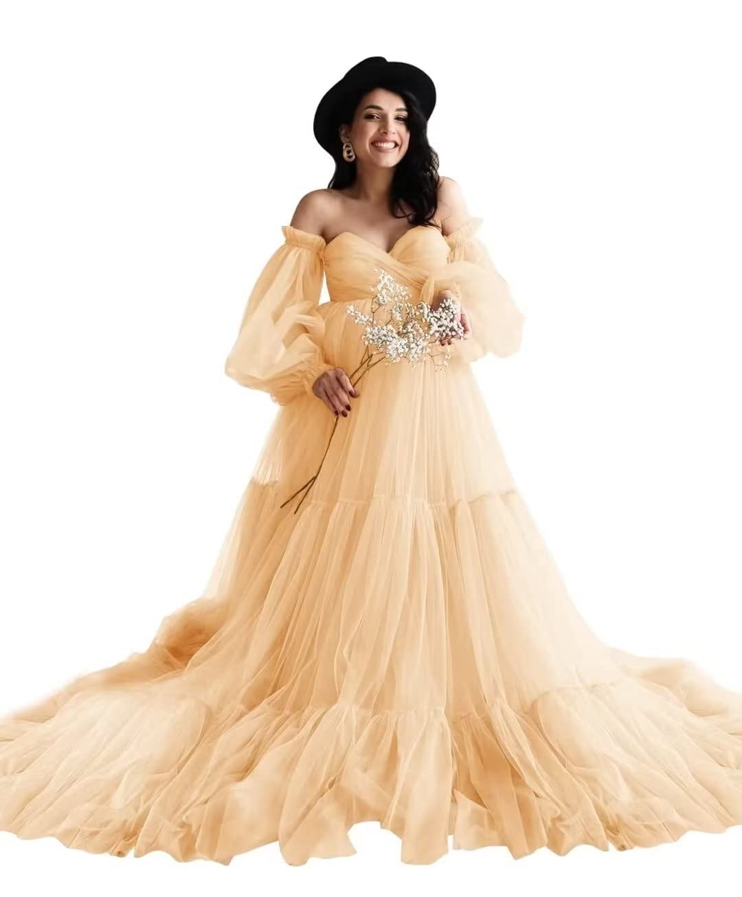 Elegant Winter Off-Shoulder Tulle Maternity Dress for Baby Shower, Photoshoot & Pregnancy Photos - Soft & Comfortable Formal Gown for Special Occasions