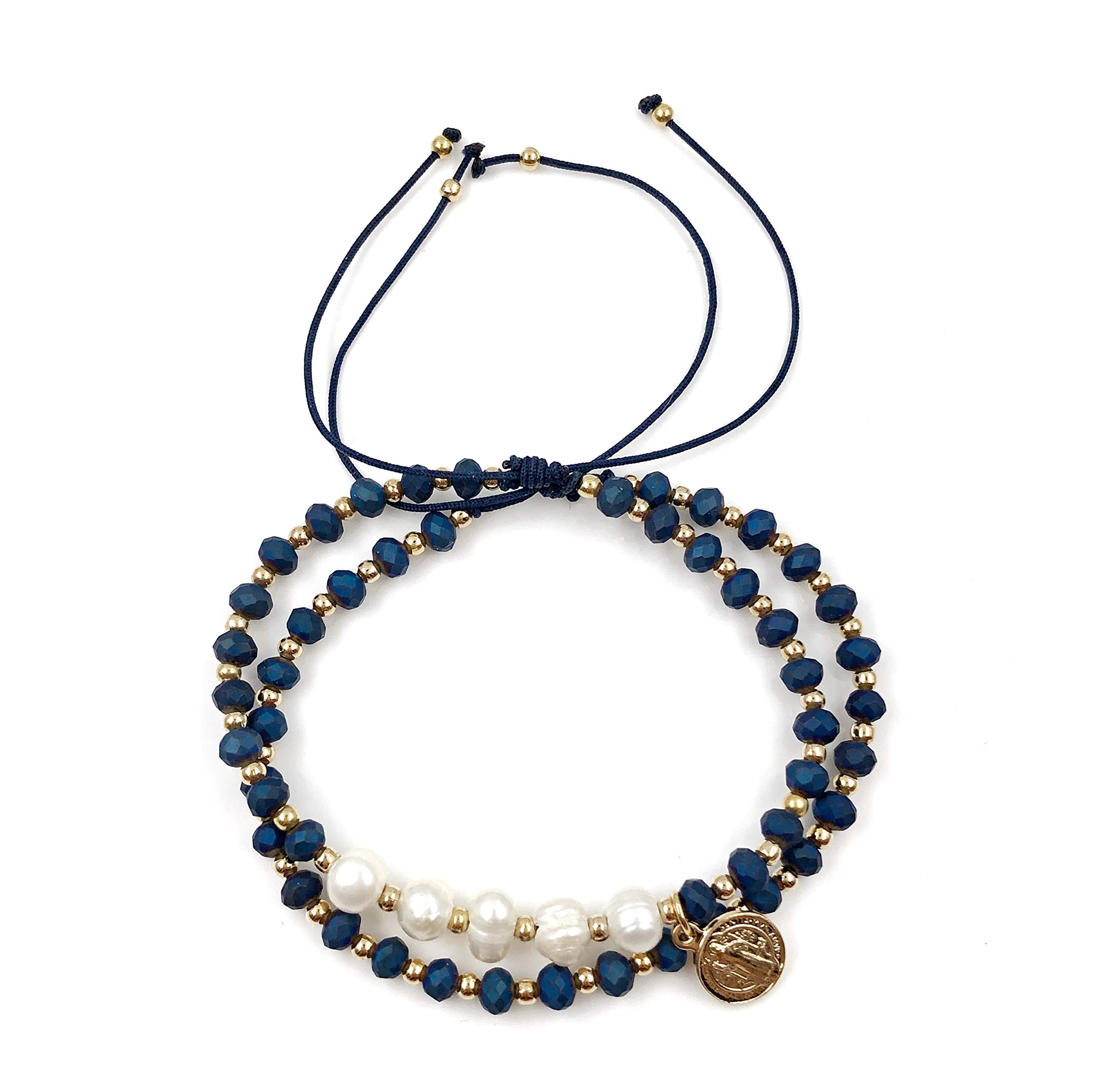St. Benedict Medal Adjustable Handmade Bracelet Set for Women - 2 Pack Blue Beaded Spiritual Jewelry | Gift for Baptism, Confirmation & Daily Wear