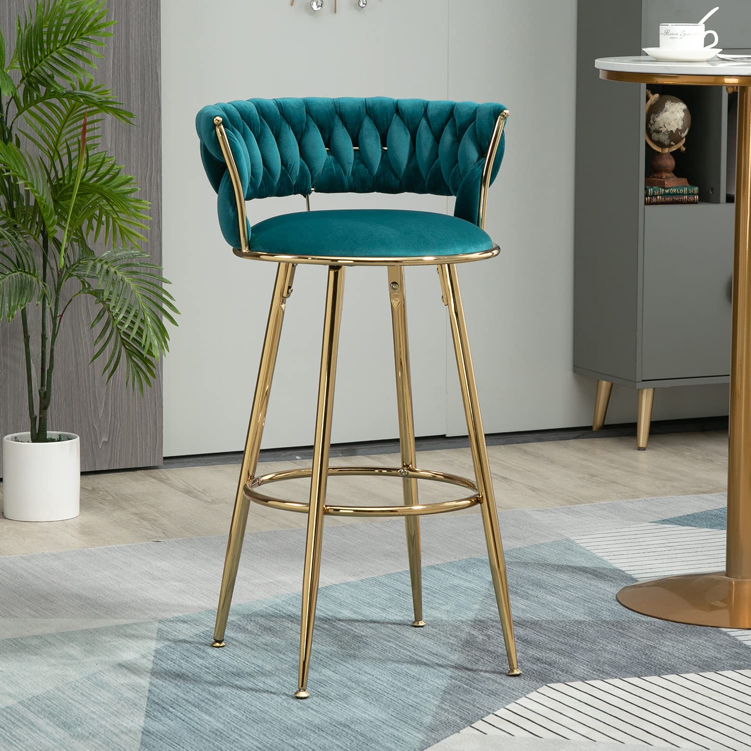 Velvet Modern Bar Stools with Woven Back & Gold Footrest - Counter Height Bar Chairs for Kitchen Island, Dining Room, Pub - Teal Velvet Upholstery - Perfect for Home Bars, Breakfast Nooks & Entertainment Areas