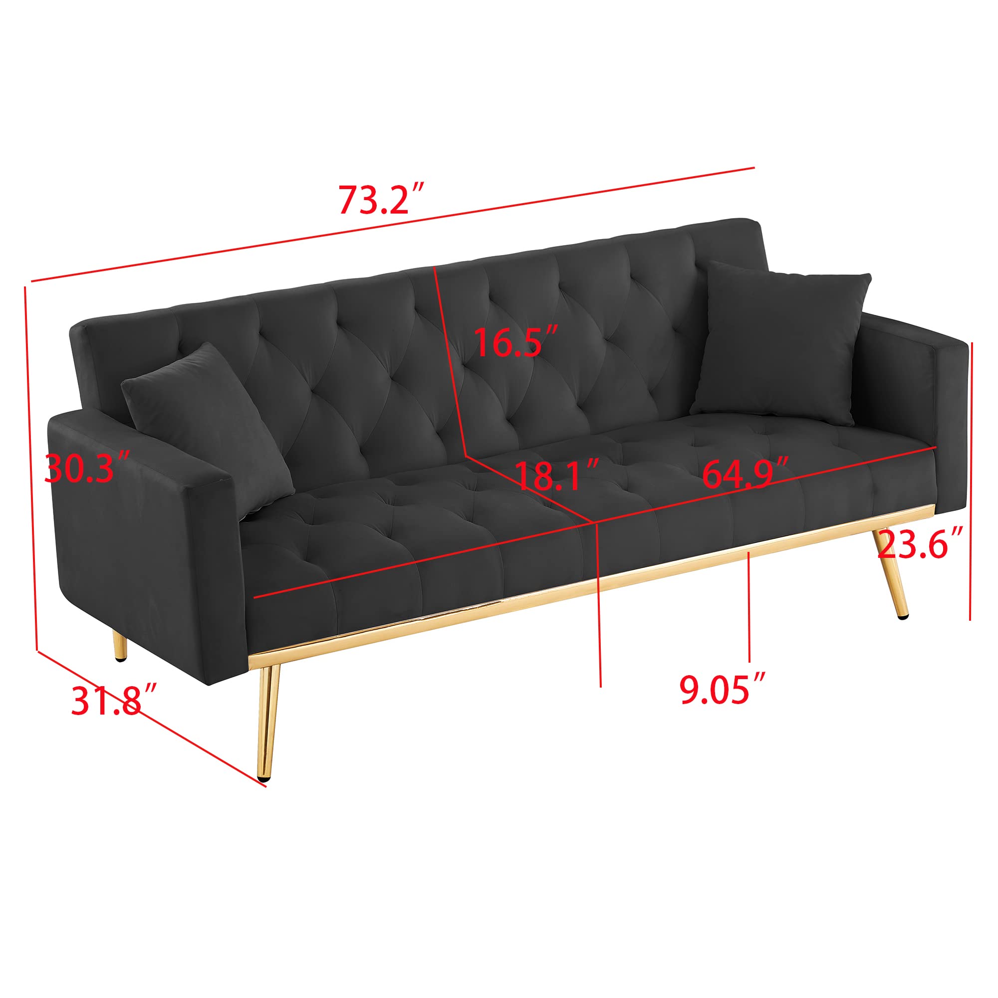 Velvet Futon Sofa Bed - 3 Seater Convertible Sleeper Sofa with Loveseat Option, Button Tufted Upholstery & Gold Metal Legs, Includes 2 Decorative Pillows - Easy Assembly (Black) | Perfect for Small Apartments, Guest Rooms & Home Offices