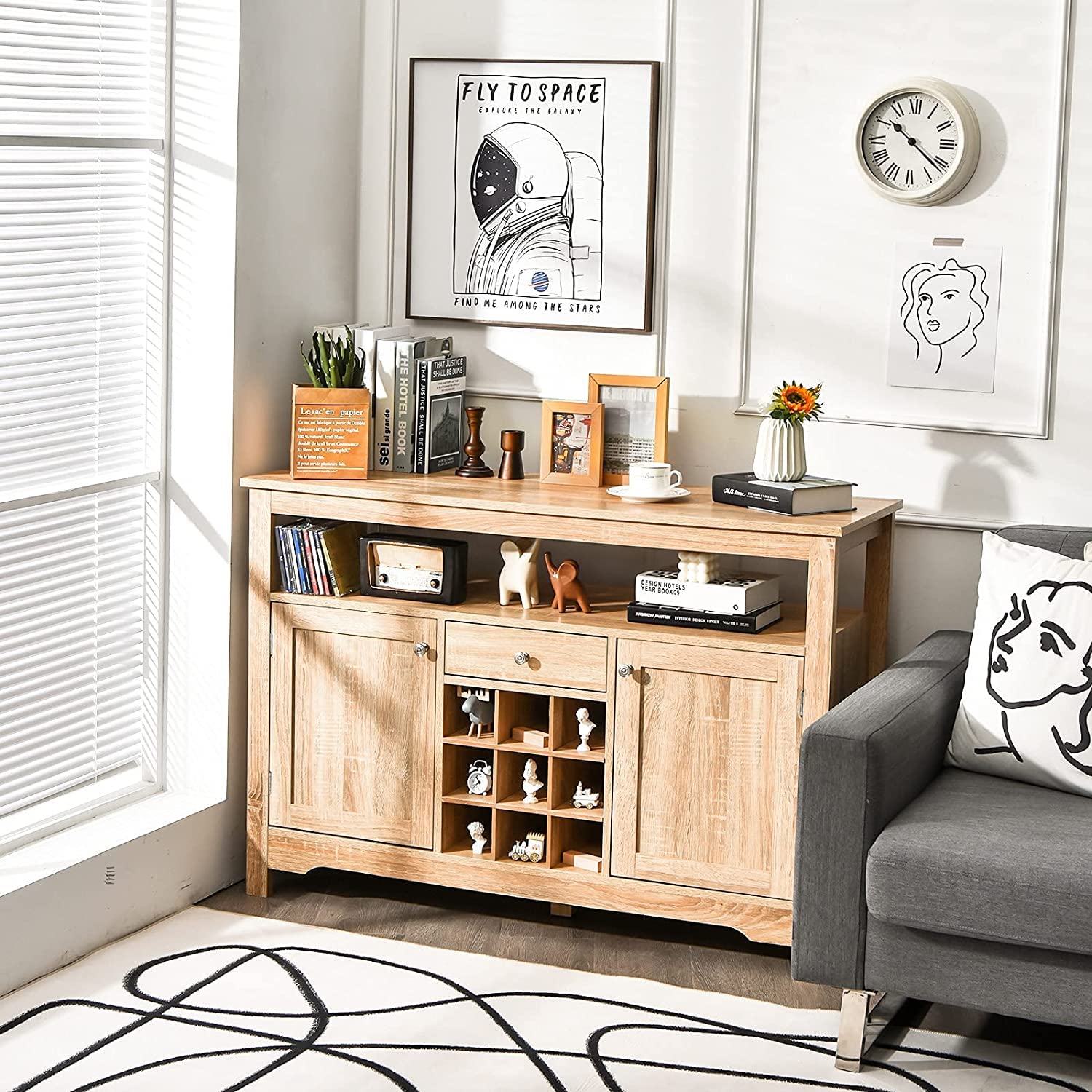 BANGTANE Buffet Kitchen Sideboard - Solid Wood Console Table with 2 Storage Cabinets, Drawer, Wine Rack & Open Shelf | Entryway Storage Organizer for Living Room, Dining Room & Hallway (Natural Finish, HW63250) | Perfect for Home Decor, Entertaining & Small Space Organization