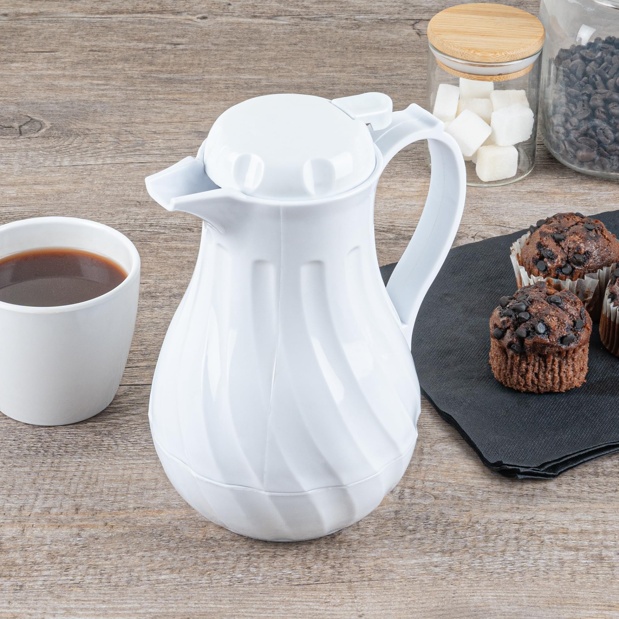 20oz Insulated Coffee Carafes with Push-Button Lid - Set of 10 White Plastic Coffee Servers with Swirl Design & Built-in Handle - Perfect for Restaurants, Cafes & Catering Events