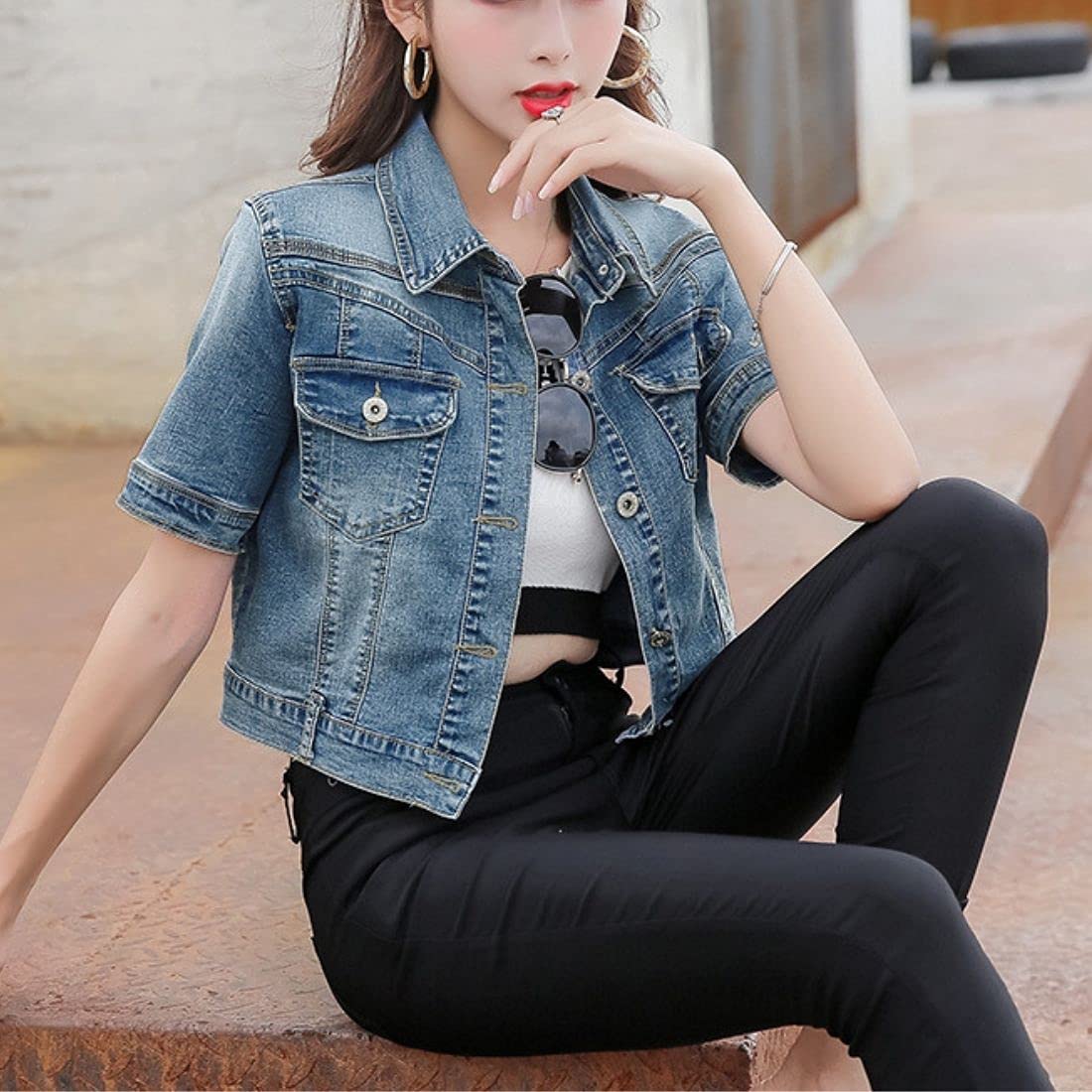 Women's Denim Crop Jacket - Short Sleeve Lapel Collar Button Front Jean Coat | Casual Spring Outfits, Streetwear & Date Night Fashion