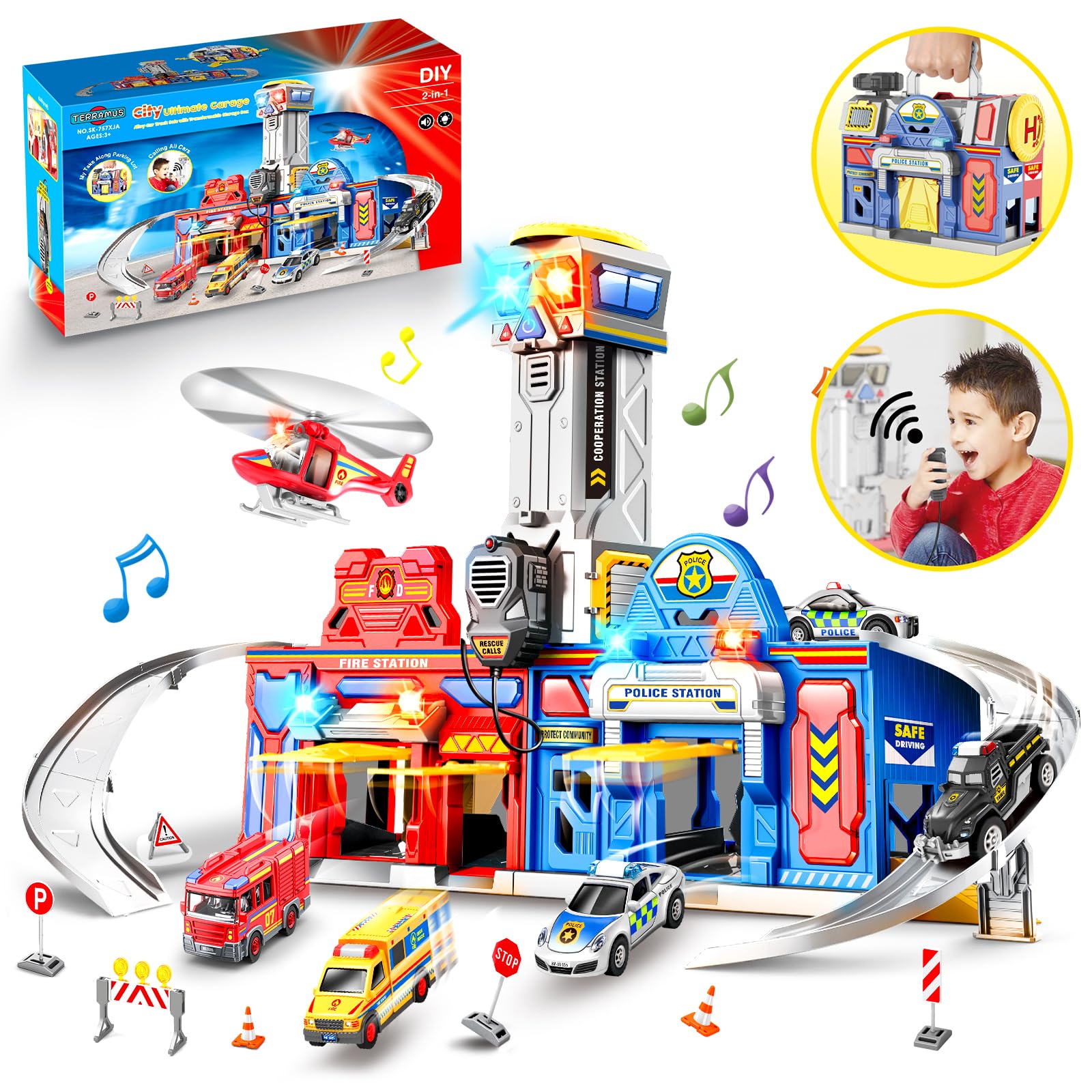 29.5'' Large City Action Rescue Vehicle Playset with Lights & Sounds - Police & Fire Station Transform Track with 4 Cars & Helicopter - STEM Learning Toys for 3-6 Year Old Boys & Girls - Perfect for Birthday Gifts & Pretend Play Scenarios
