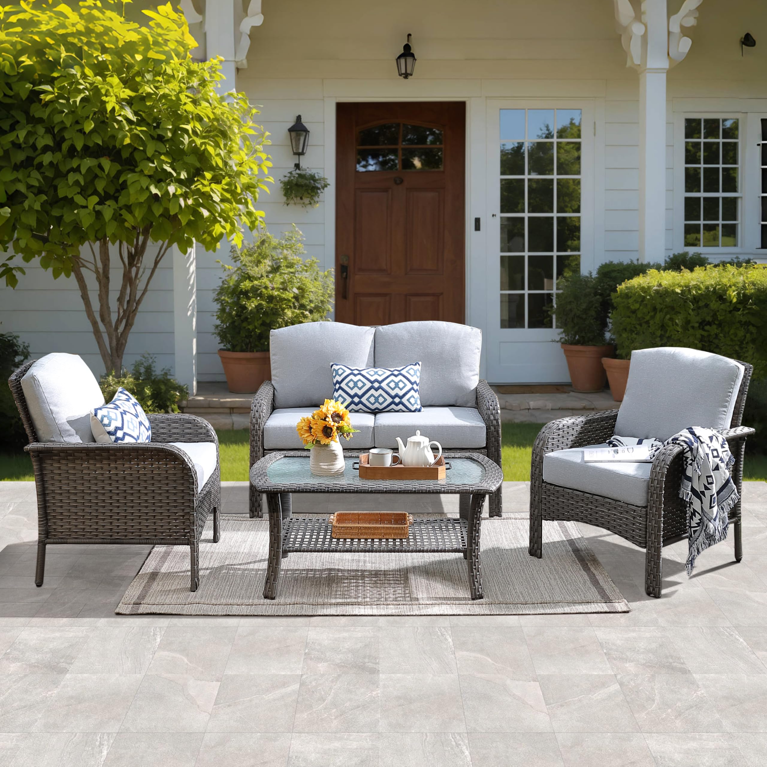 4-Piece Patio Furniture Set - Outdoor Wicker Sofa with Coffee Table & Chairs, All-Weather High Back Rattan Loveseat with Comfortable Cushions (Grey) - Perfect for Backyard, Garden, Poolside & Balcony Relaxation