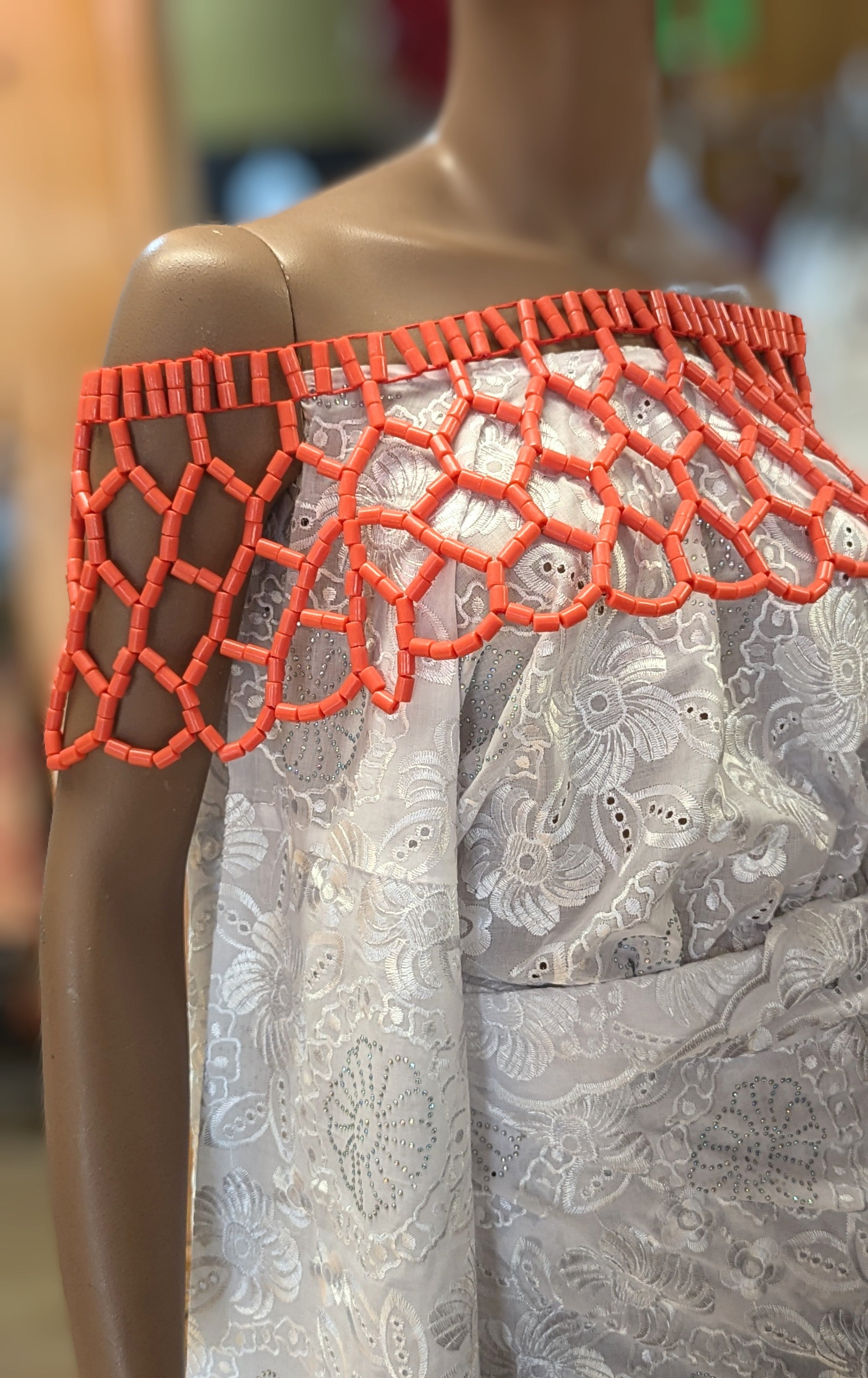 African Coral Red Igbo Edo Sheer Bead Shoulder Shrug Crop Top Blouse - Elegant Beaded Women's Fashion for Parties, Weddings & Cultural Events