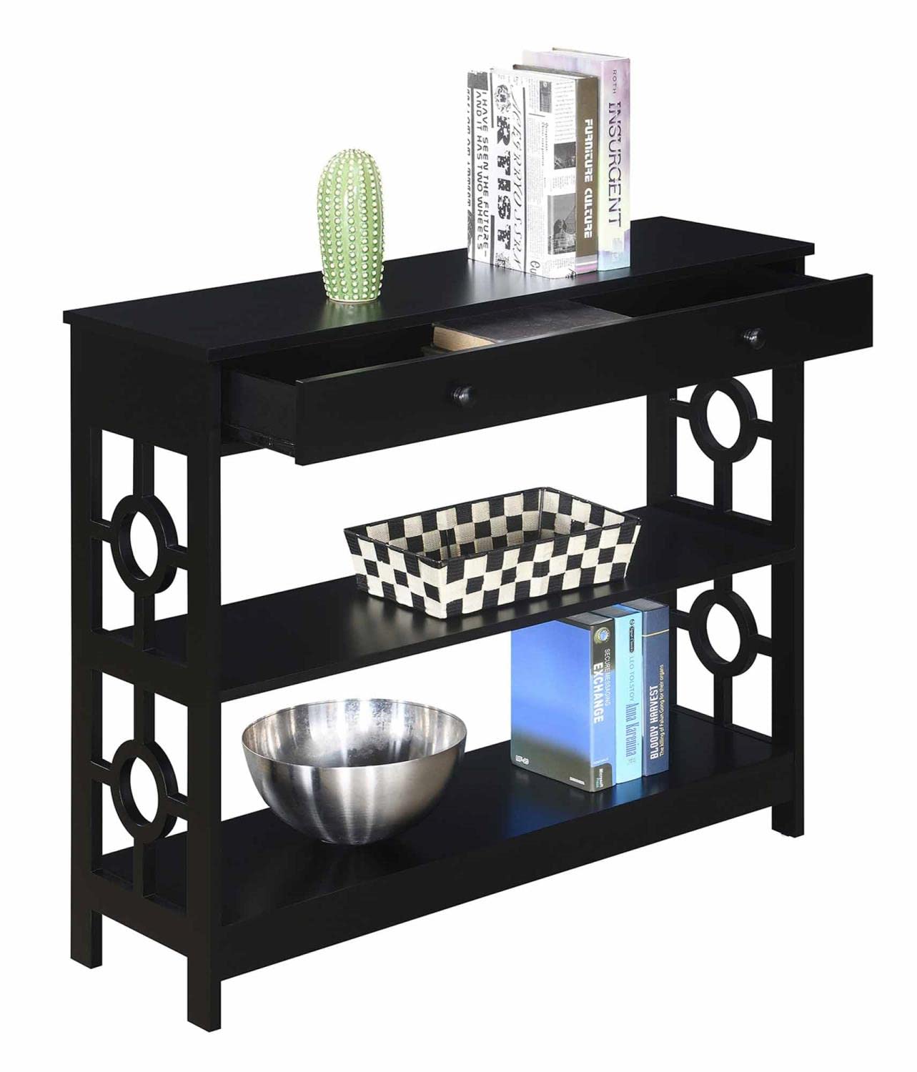 Convenience Concepts Ring 1 Drawer Console Table with Shelves - Black Entryway Sofa Table for Hallway, Living Room & Bedroom Organization