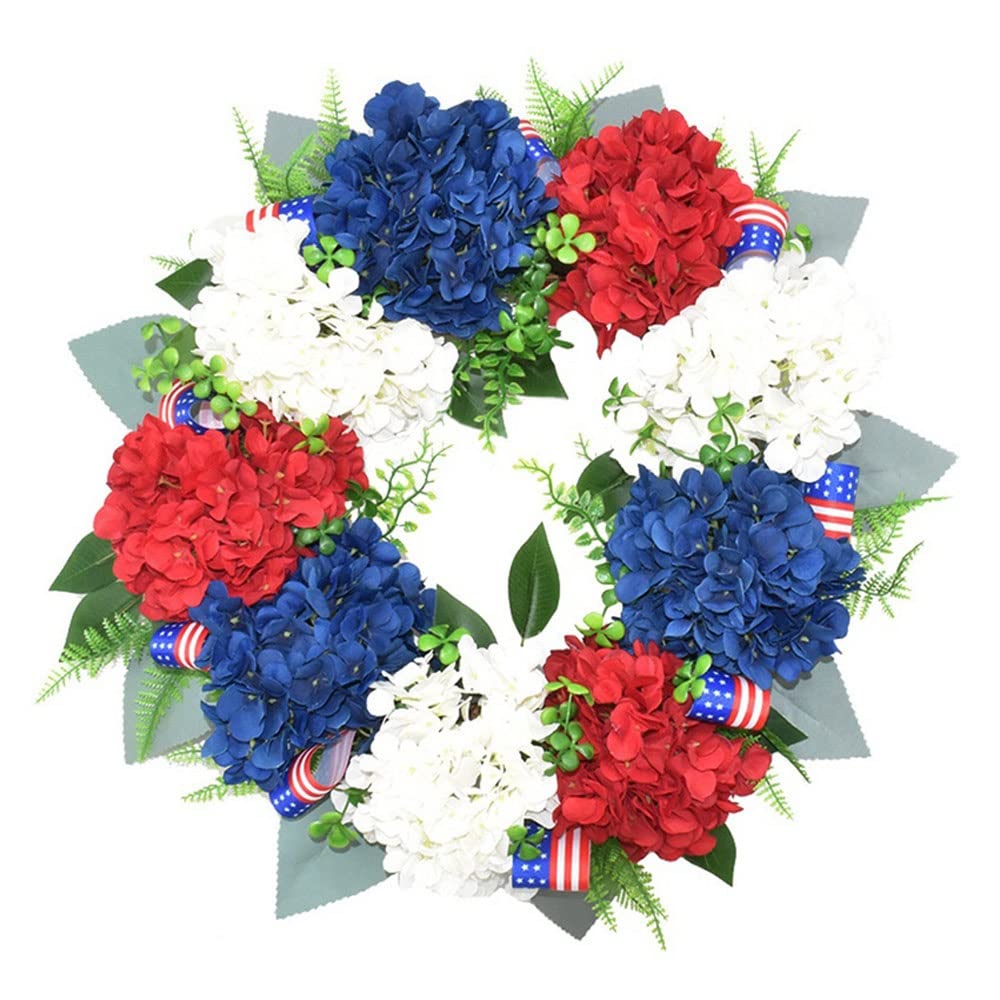 Artificial Hydrangea Wreath - Red White Blue Patriotic Decor for Independence Day, July 4th USA - Front Door, Wall & Window Decoration - Perfect for Home, Office & Outdoor Party Decorations