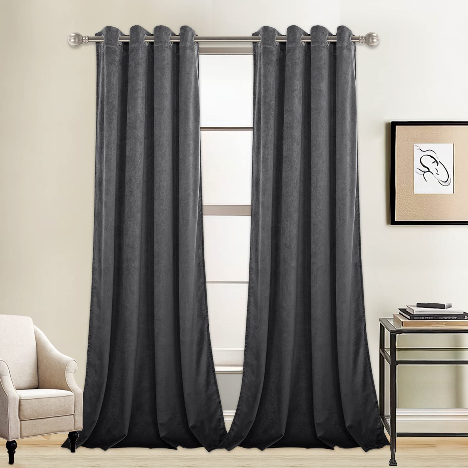 LUSHLEAF 2 Panels Grey Velvet Blackout Curtains 96 Inches Long - Thermal Insulated Room Darkening Grommet Window Drapes for Bedroom & Living Room - Perfect for Home Theater, Nursery & Light Sleepers