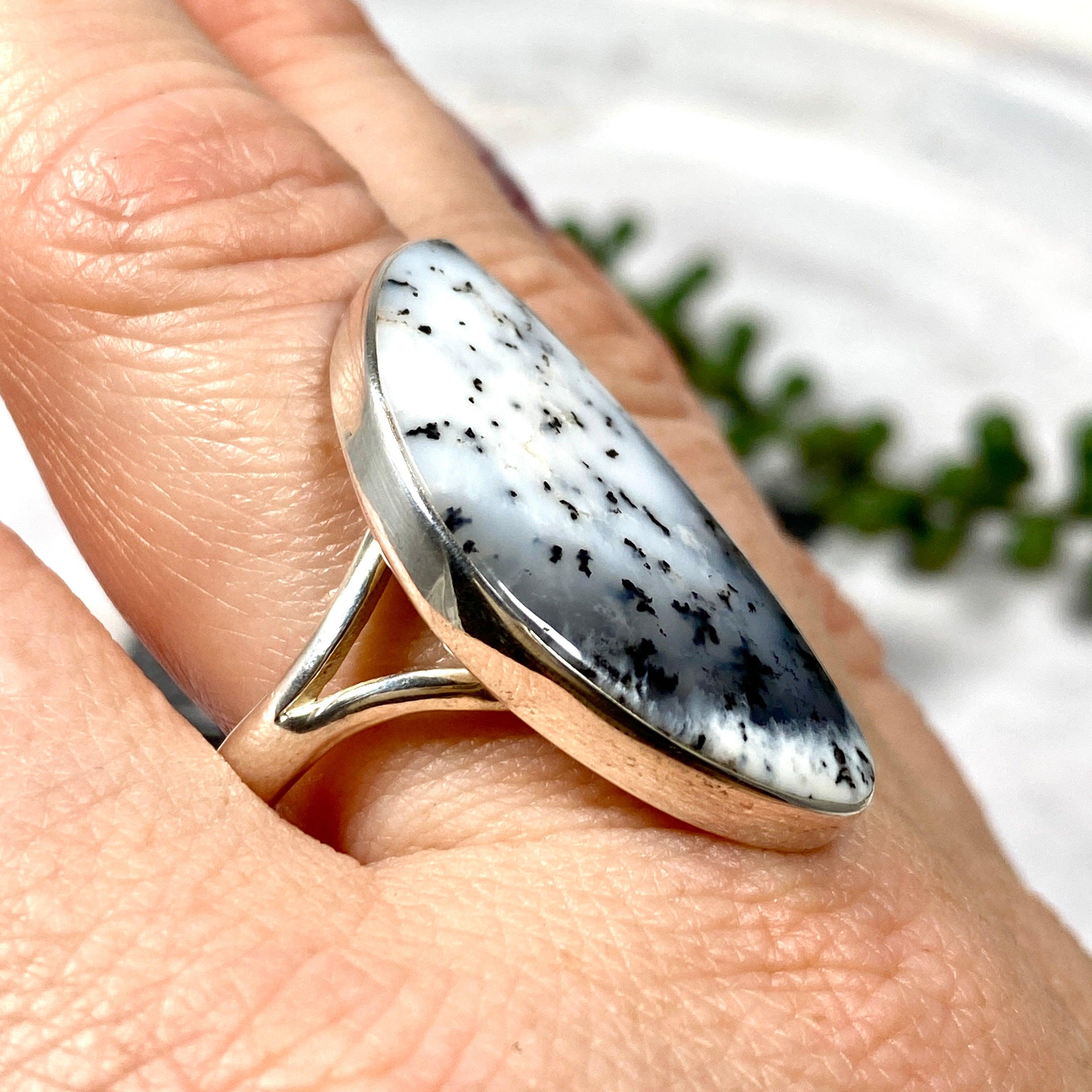Dendritic Opal Freeform Ring Size 11 - Unique Handmade Silver Jewelry for Women, Perfect for Boho Style & Special Occasions