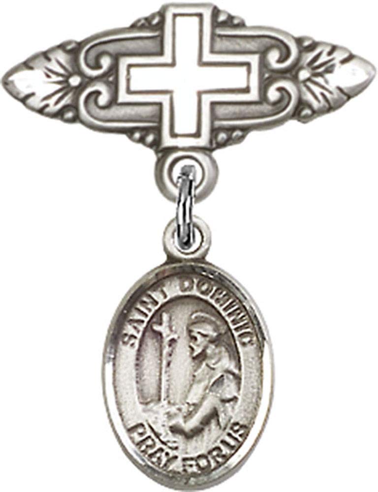 St. Dominic de Guzman Sterling Silver Baby Badge with Cross Charm - Religious Jewelry for Baptism, First Communion & Christening Gifts
