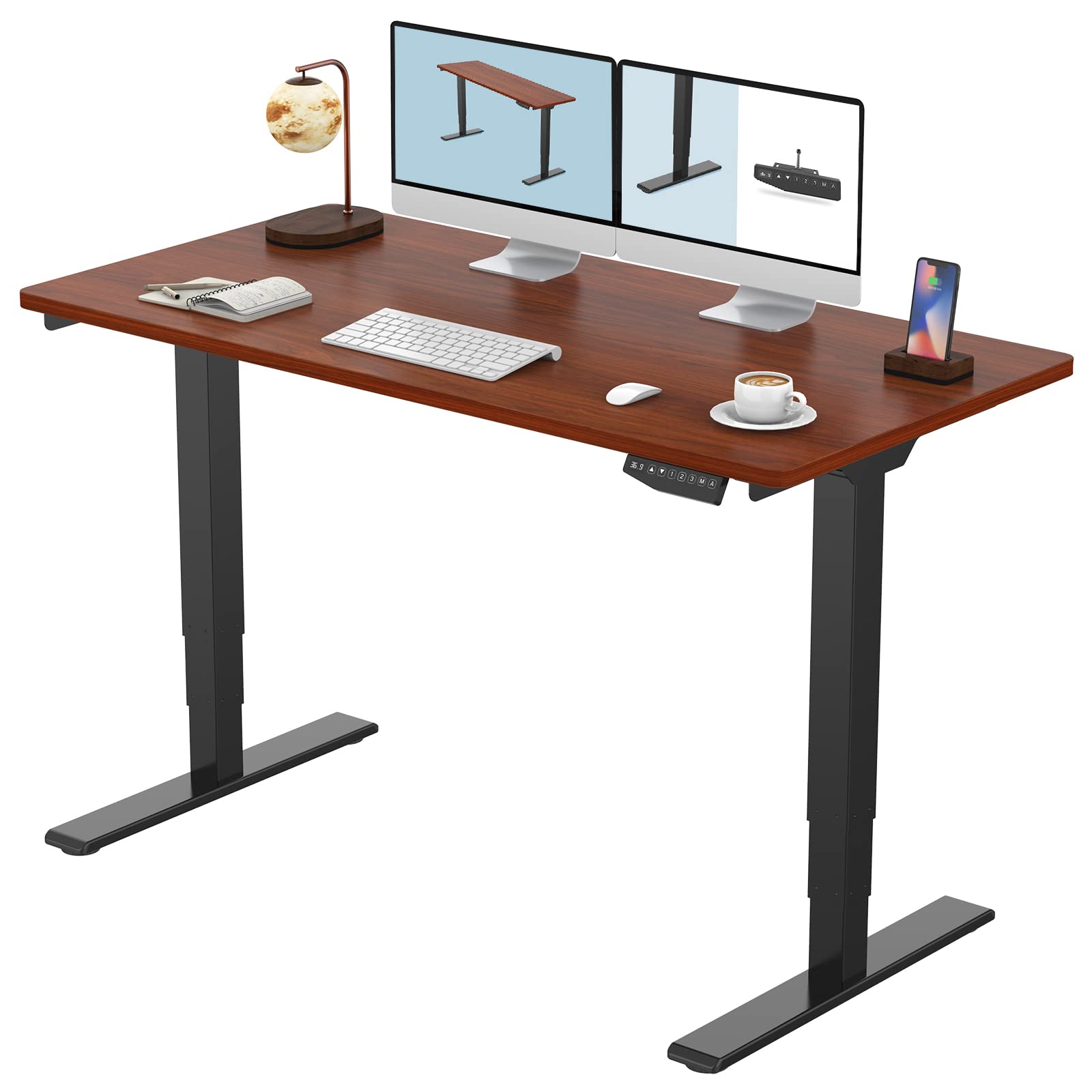 FLEXISPOT E4 Classic 3-Stage Dual Motor Electric Standing Desk - 55x28 Inches Solid Wood Desktop, Height Adjustable Sit Stand Workstation (Silver Frame & Mahogany Top) for Home Office, Gaming & Workspace Ergonomics