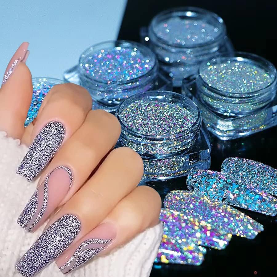 Holographic Nail Glitter Powder - Diamond Reflective Nail Art Glitter for Women & Girls - Shiny Silver, Blue, Purple, Gold Pigment - Perfect for Manicures, Nail Art Designs & Party Nail Decorations
