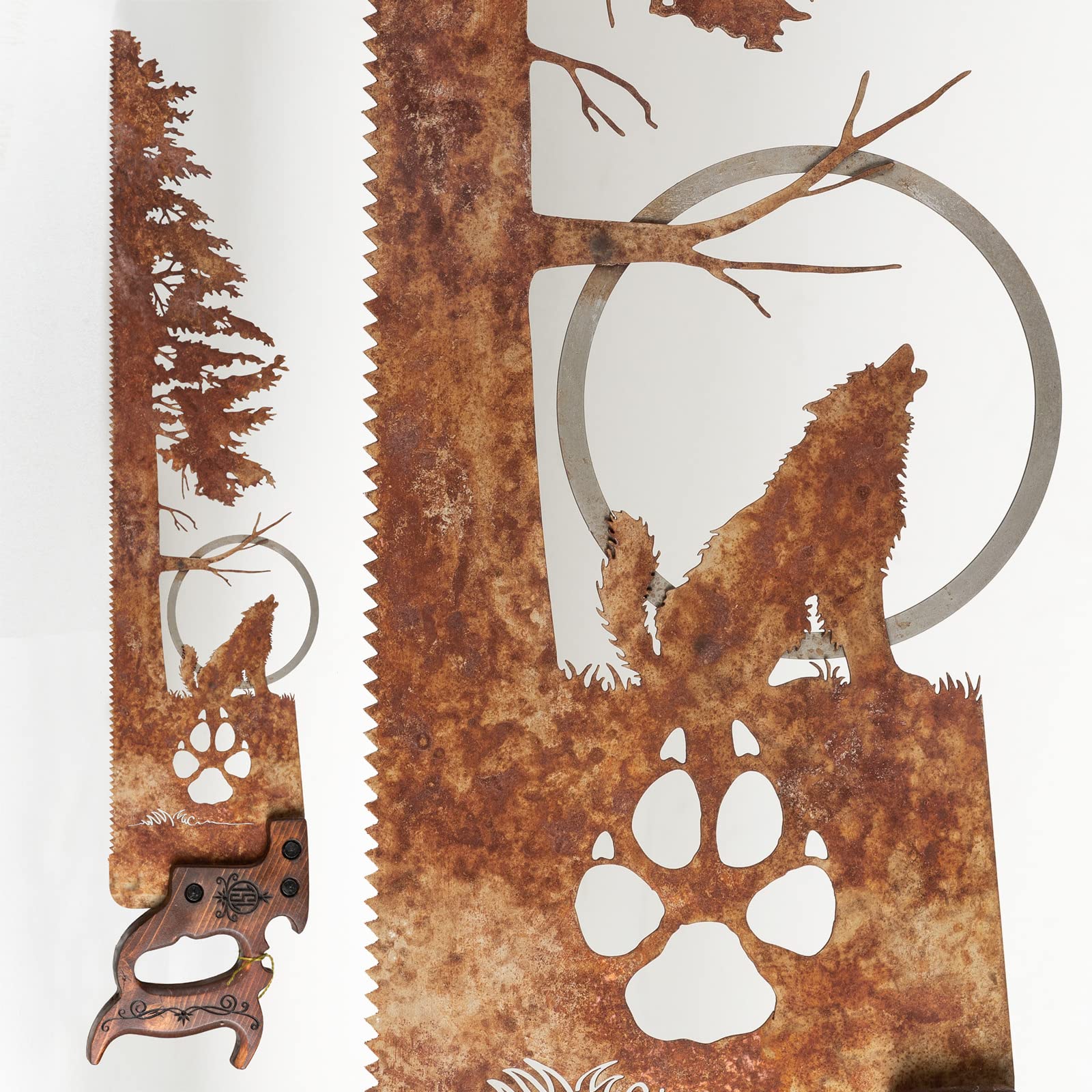 Custom Wolf Howling at the Moon Wall Art with Paw Print & Hand Saw Design - Unique Home Decor Gift for Wolf Lovers | Perfect for Living Room, Bedroom or Cabin Decor