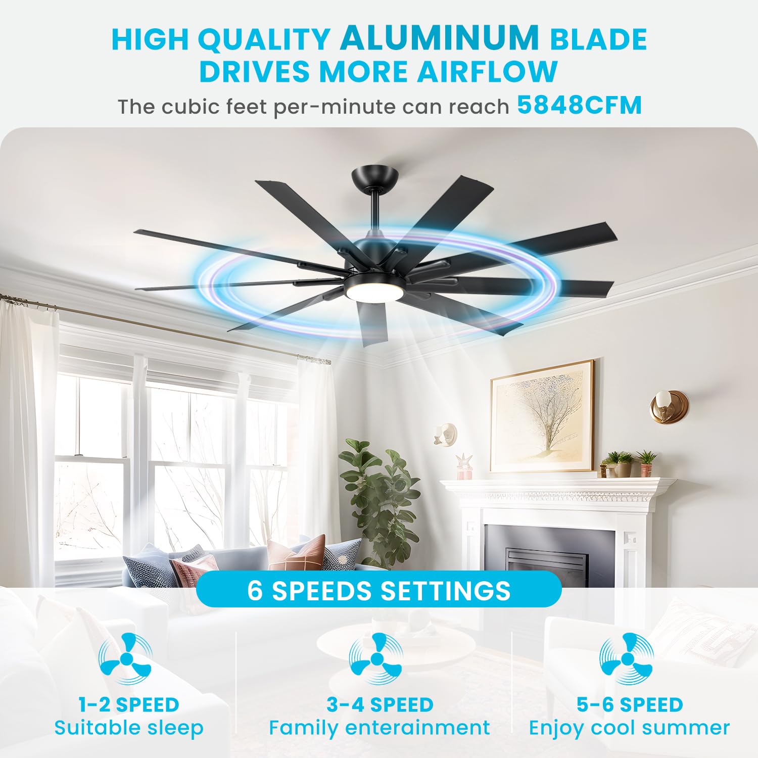 62 Inch Black Outdoor Ceiling Fan with Lights & Remote Control - 9 Blade Reversible DC Motor, Dimmable LED Light - Perfect for Bedrooms, Patios & Covered Porches