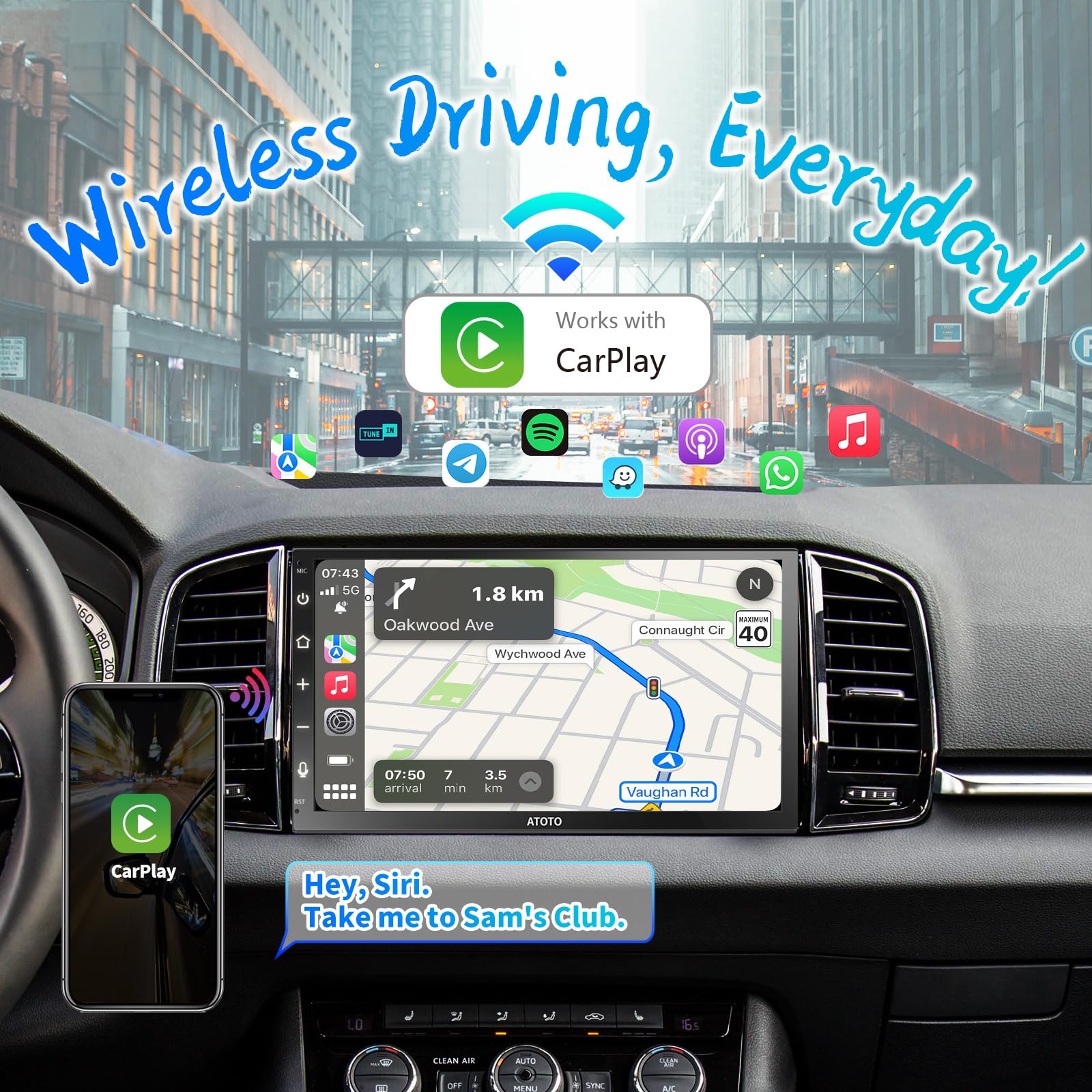 ATOTO F7WE 7-Inch Wireless CarPlay & Android Auto Double DIN Car Stereo with Touchscreen, Bluetooth, AM/FM, HD Radio, Voice Control - Perfect for Road Trips & Daily Commuting