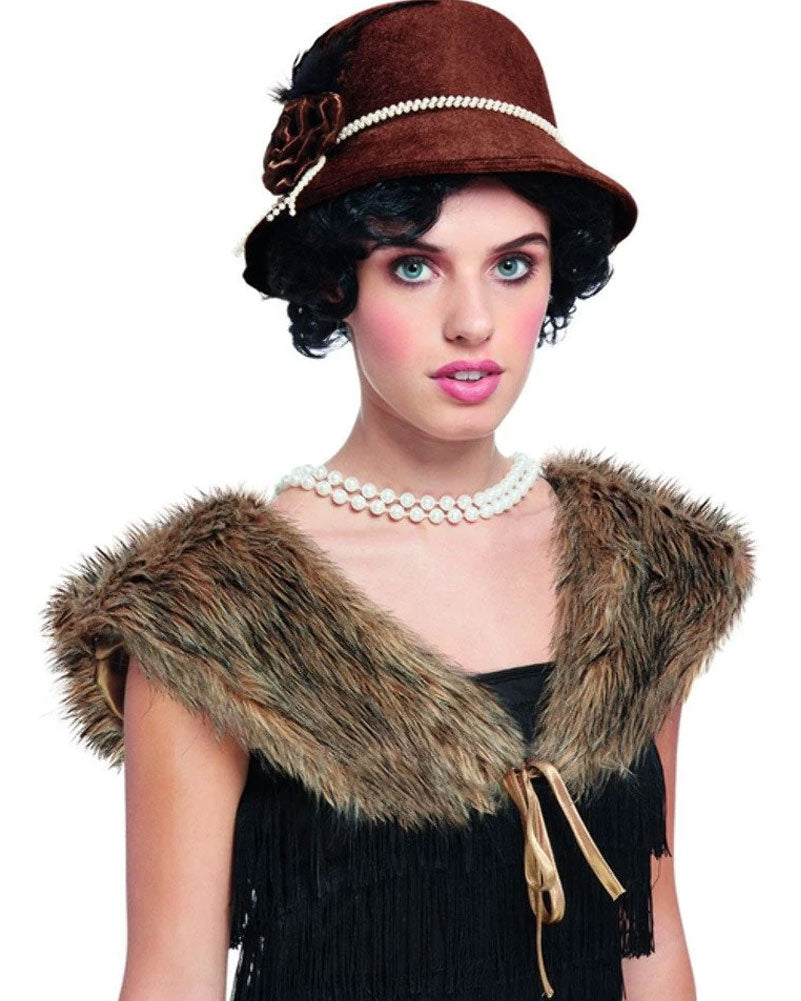 20s Style Brown Deluxe Hat and Faux Fur Stole Set - Vintage Flapper Accessories for Costume Parties & Gatsby Themed Events