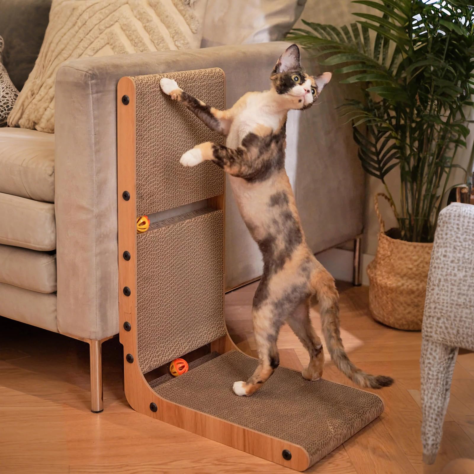 Premium L-Shaped Cat Scratching Post with 2 Cat Ball Toys - Wall & Couch Protector for Indoor Cats - Durable Cat Scratcher Board for Play & Furniture Protection - Perfect for Home, Office & Pet-Friendly Spaces