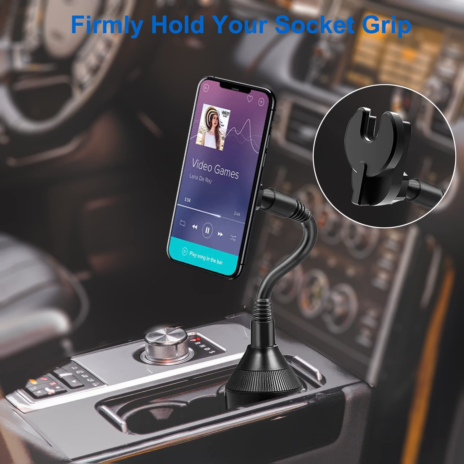 Pop Socket Car Phone Holder - Flexible Gooseneck Cup Holder Mount Compatible with iPhone, Samsung & All Smartphones - Perfect for Hands-Free Driving, GPS Navigation & Road Trips