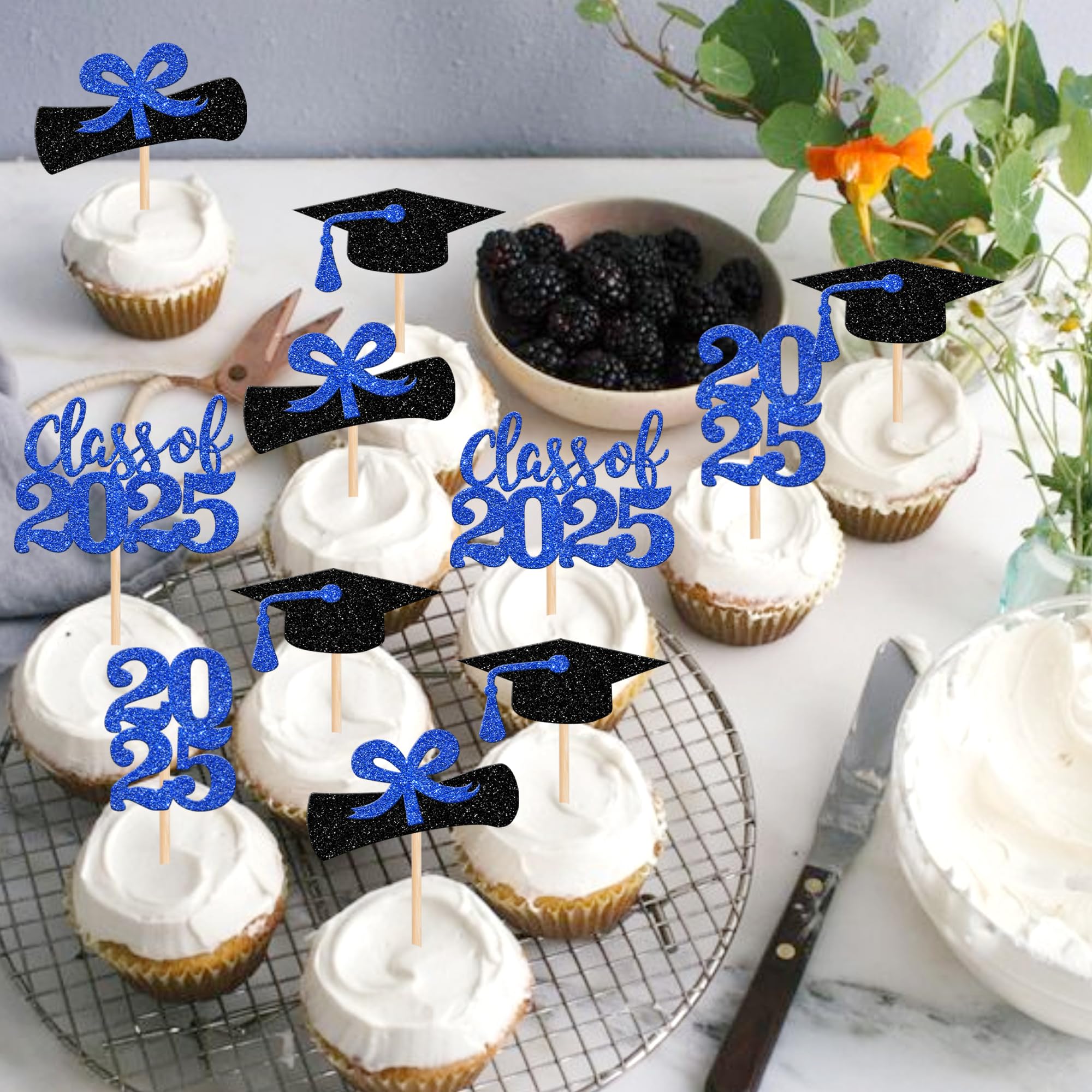 36 PCS Class of 2025 Graduation Cupcake Toppers - Glitter Graduation Cap & Diploma Cake Decorations - Deep Blue Party Supplies for Graduation Ceremony, School Party & Celebration Decor