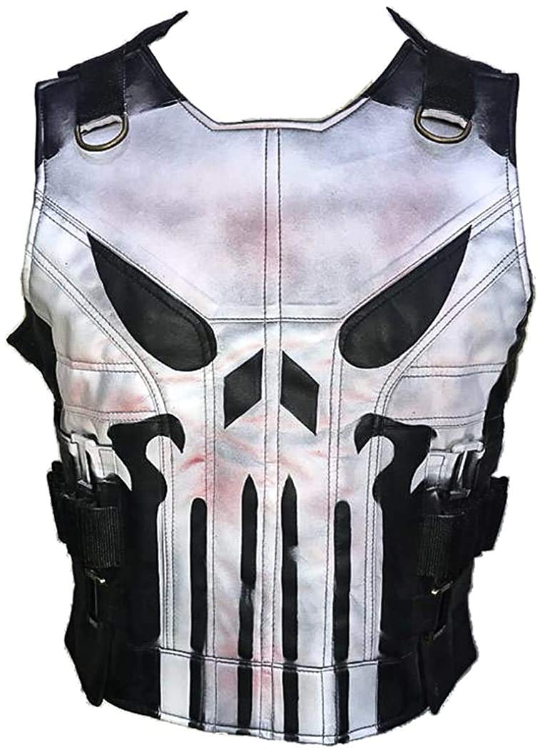 Men's Black Biker Style Tactical Leather Vest Jacket with Skull Logo - Motorcycle Riding, Halloween Costume, Punk Fashion Outfit
