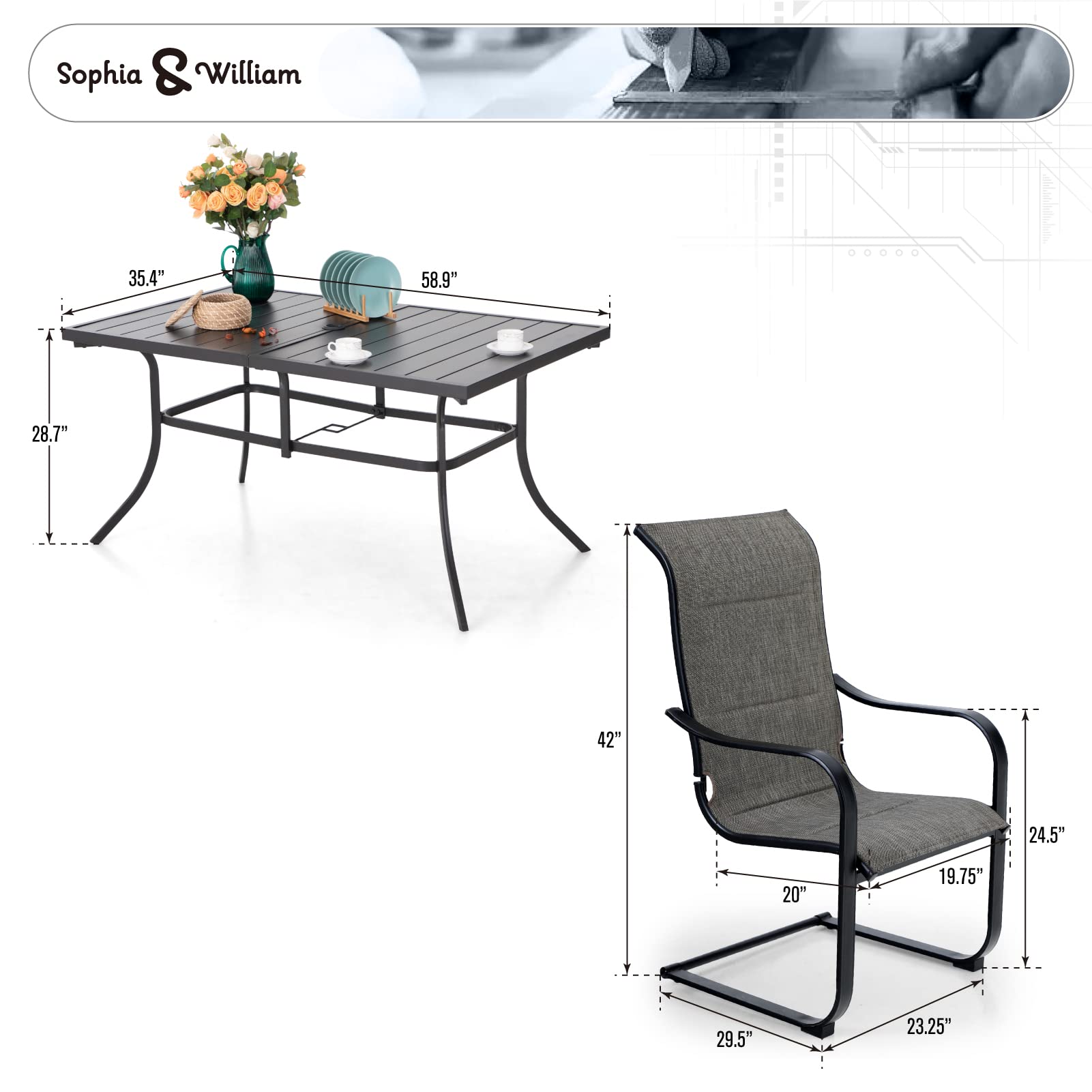 Sophia & William 7-Piece Grey Patio Dining Set with Textilene Chairs & Table - Outdoor Furniture for Backyard, Garden, Poolside - Supports 350 lbs - Quick Dry & Durable