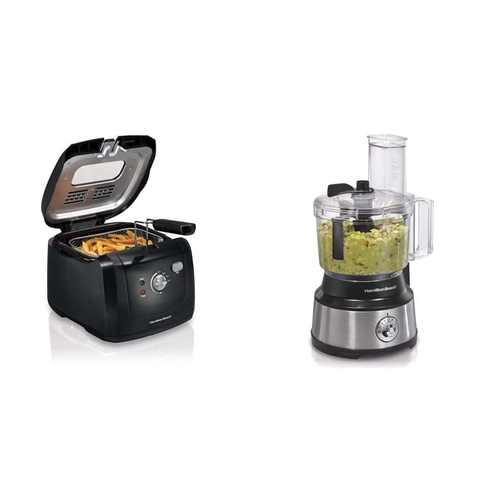 Hamilton Beach Electric Deep Fryer with 8 Cups (2 Liters) Oil Capacity - 10-Cup Food Processor & Vegetable Chopper for Slicing, Shredding, Mincing & Puree - Stainless Steel Bowl Scraper - Perfect for Home Cooking, Meal Prep & Restaurant Use