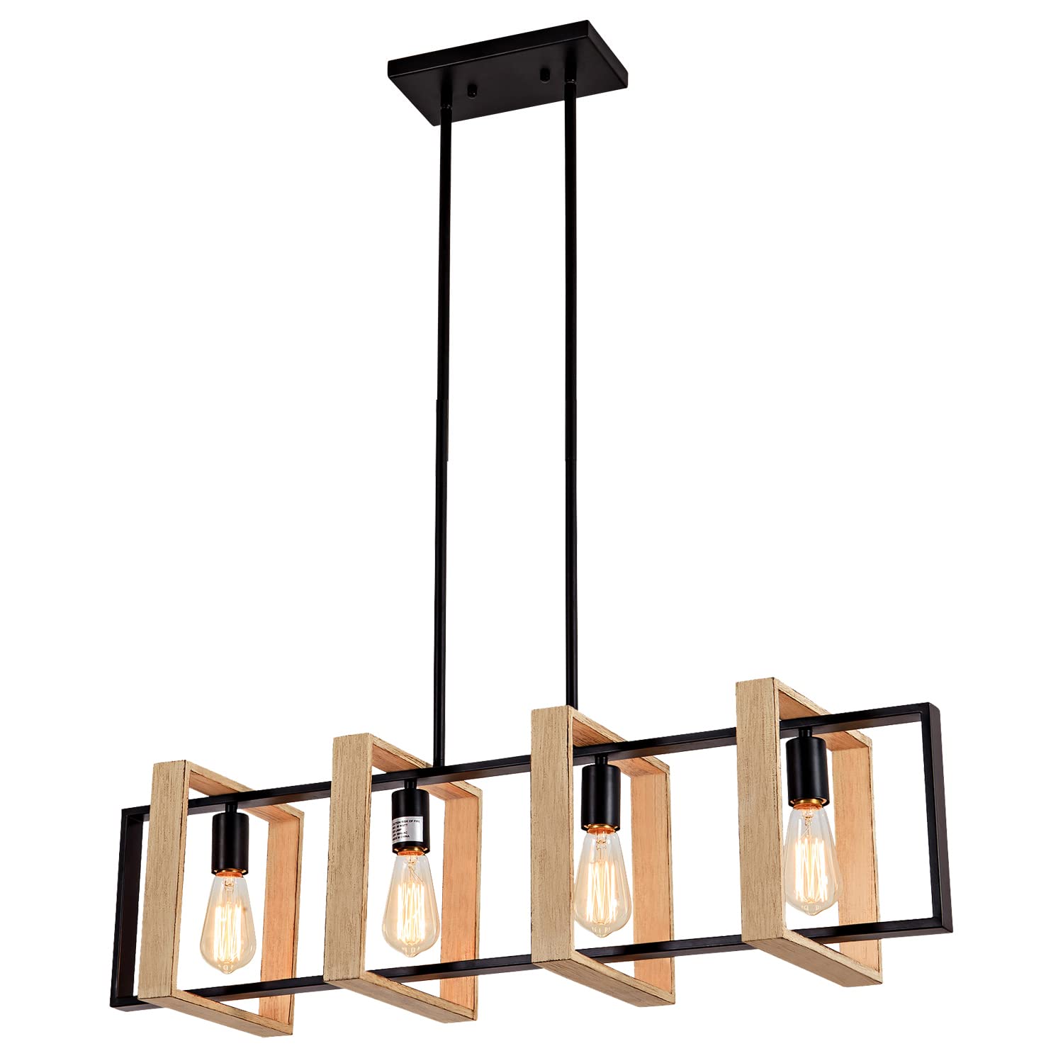 4-Light White Wood Pendant Lighting for Kitchen Island & Dining Room - Farmhouse Chandelier with Rustic Black Finish, E26 Bulb Compatible - Perfect for Kitchen Counter, Breakfast Nook & Farmhouse Dining Table Lighting